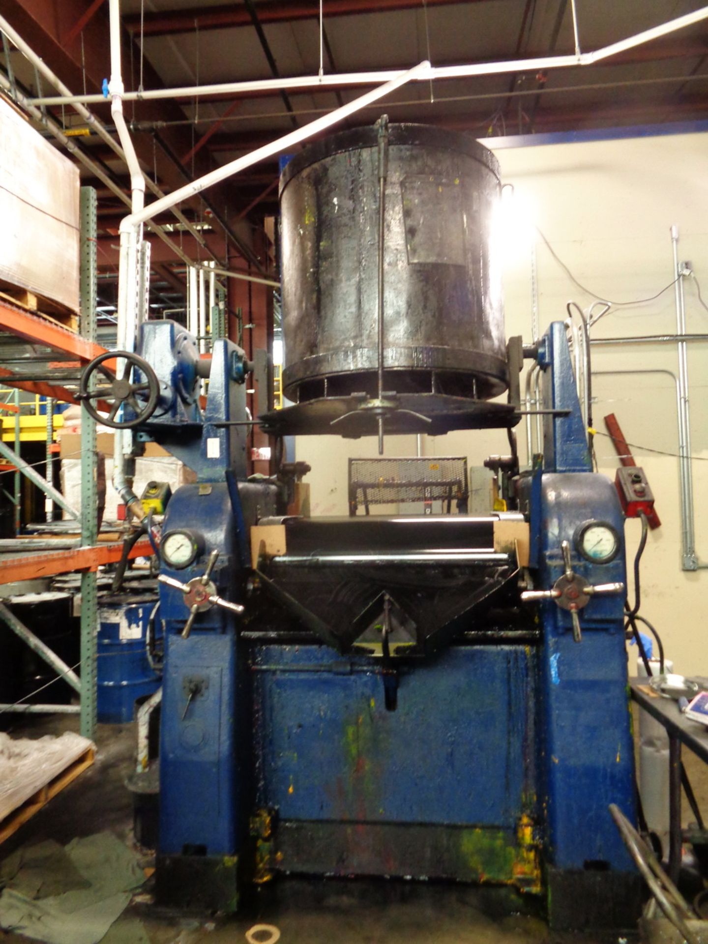 Lehmann 16” x 40” Large Production Three Roll Mill, S/N 4756, 60HP, includes can tilter - Image 2 of 8