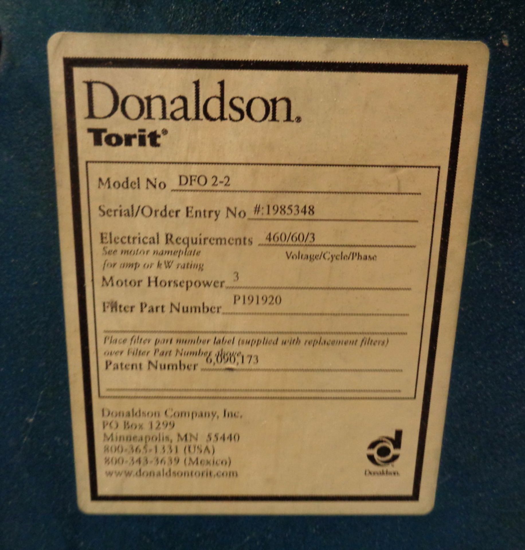 Torit Donaldson 2 cartridge Dust Collector, Model DF02-2, S/N 1985348 - Image 3 of 4