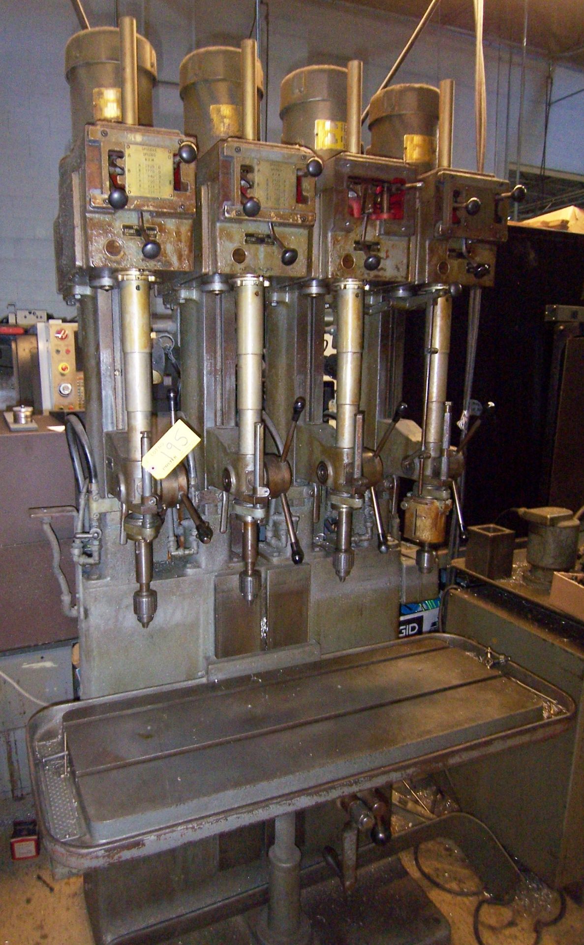 15" POLLARD 4-SPINDLE PRODUCTION DRILL, WITH 15" X 4" HAND CRANK TABLE, SPINDLE SPEEDS 226-2920 RPM