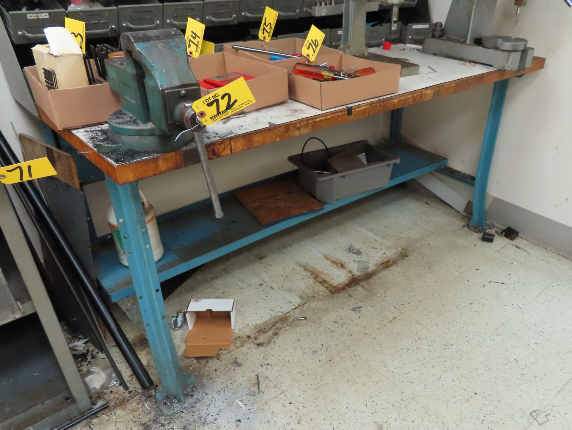 4" BENCH VISE BY PARKER, WITH WOOD TOP WORK BENCH, 72" X 36" & APPROXIMATELY [36] EQUIPTO DRAW