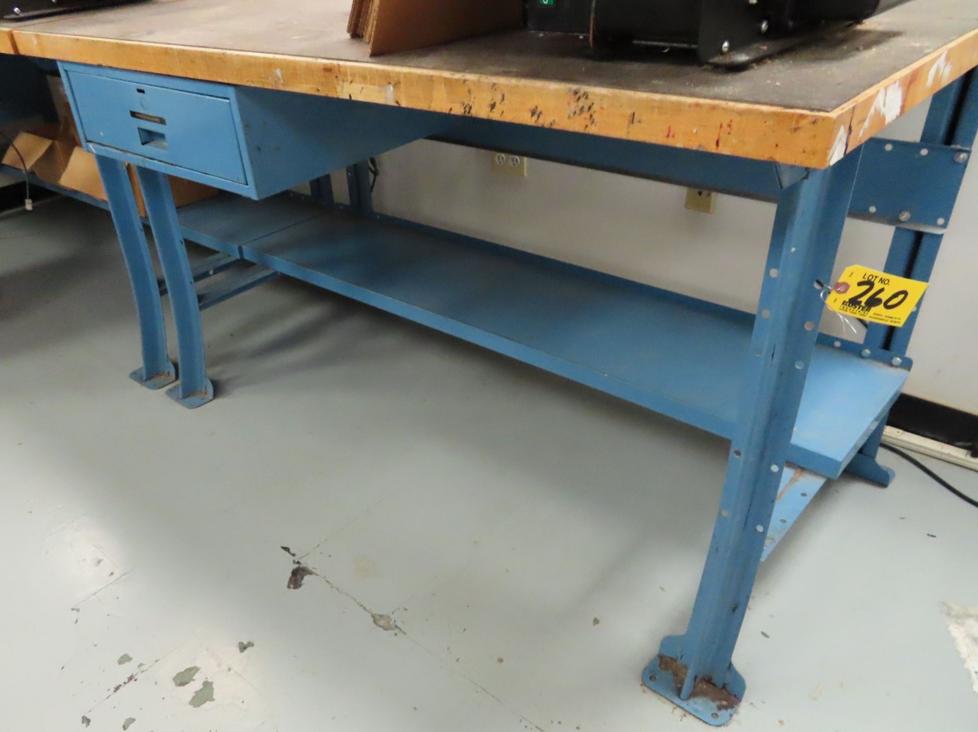 [2] WOOD TOP WORK BENCHES (NO CONTENTS OR CHAIRS)