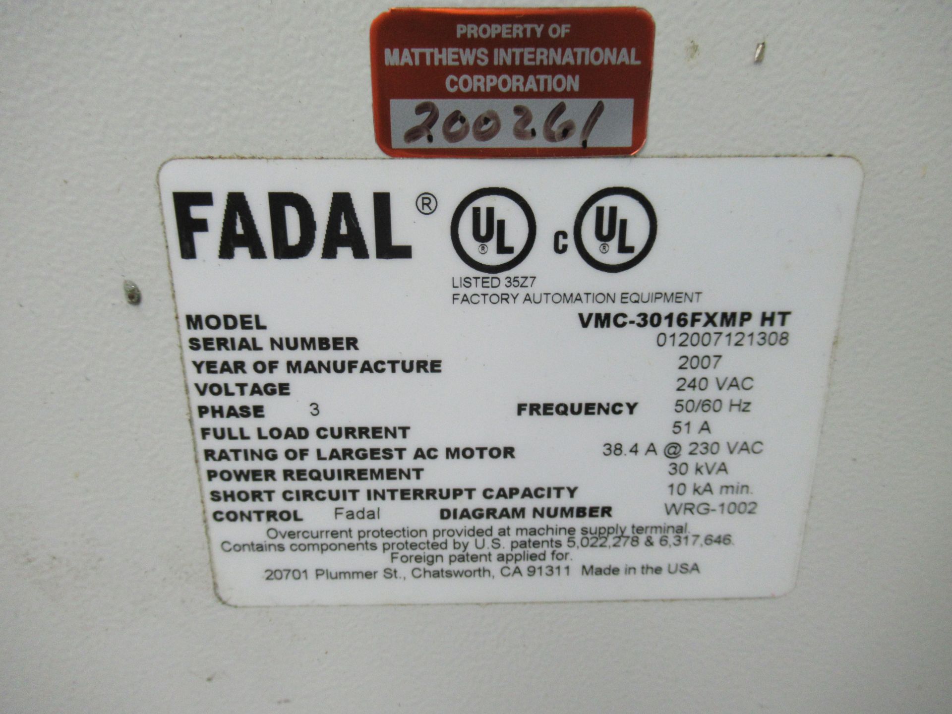 MAG-FADAL MDL. VMC-3016FXMP-HT CNC VERTICAL MACHINING CENTER, TRAVELS: X-30", Y-16", Z-20", 16" X - Image 6 of 6