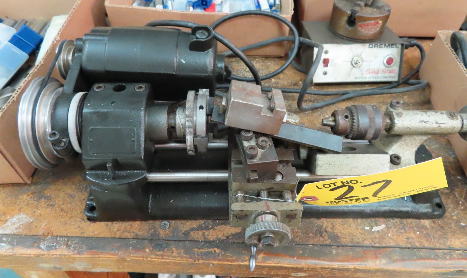 4" X 6" JEWELERS LATHE, TAILSTOCK, DREMEL MOTOR SPEED CONTROLLER, 2-1/2" 3-JAW CHUCK