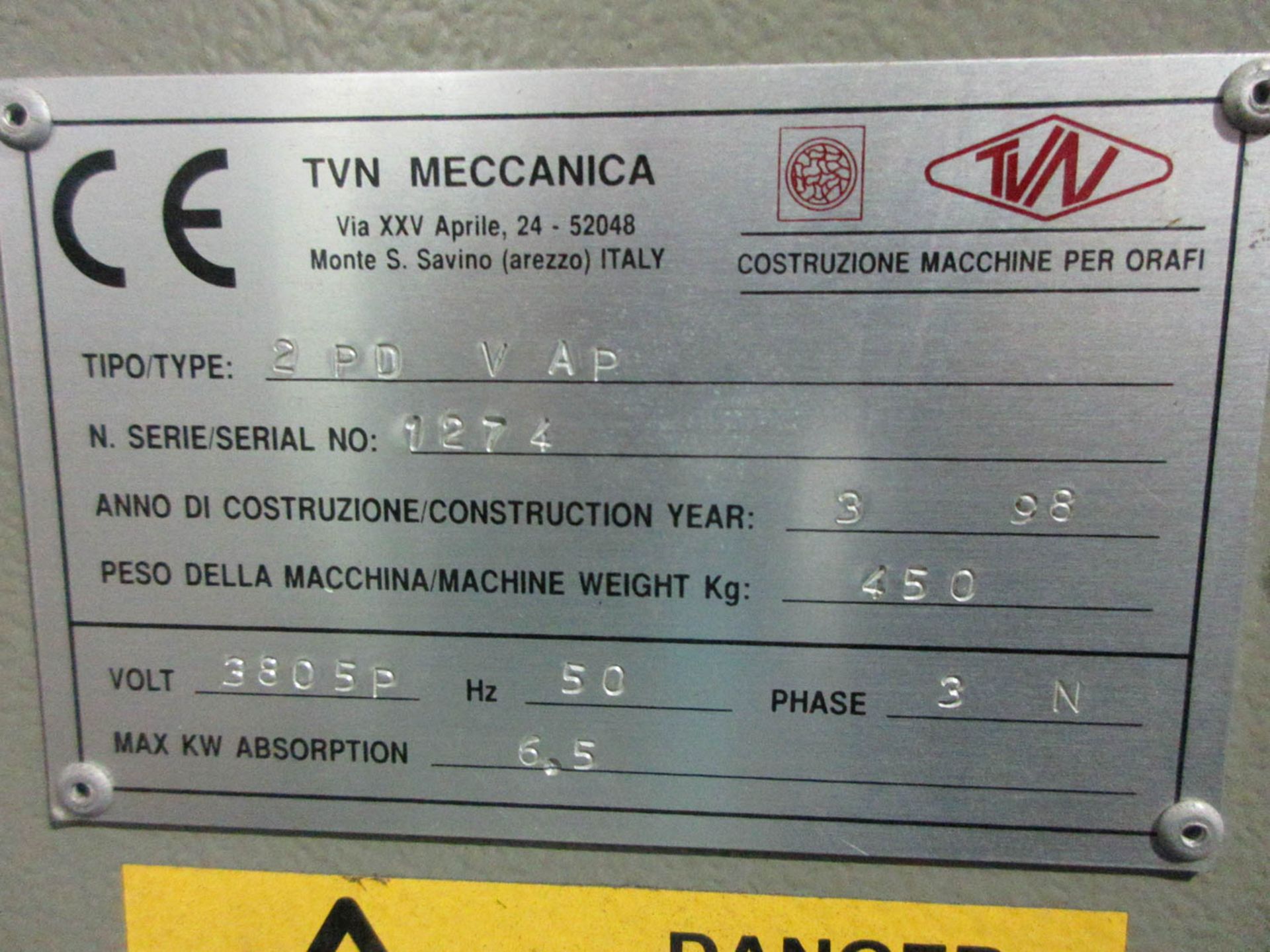 TVN MDL. 2PD VAP SCHLEIF TABLE TVN HORIZONTAL TANK MOUNT; 3 STAGE; WEIGHT 450 KG; 380V; 50 HZ, S/ - Image 2 of 2