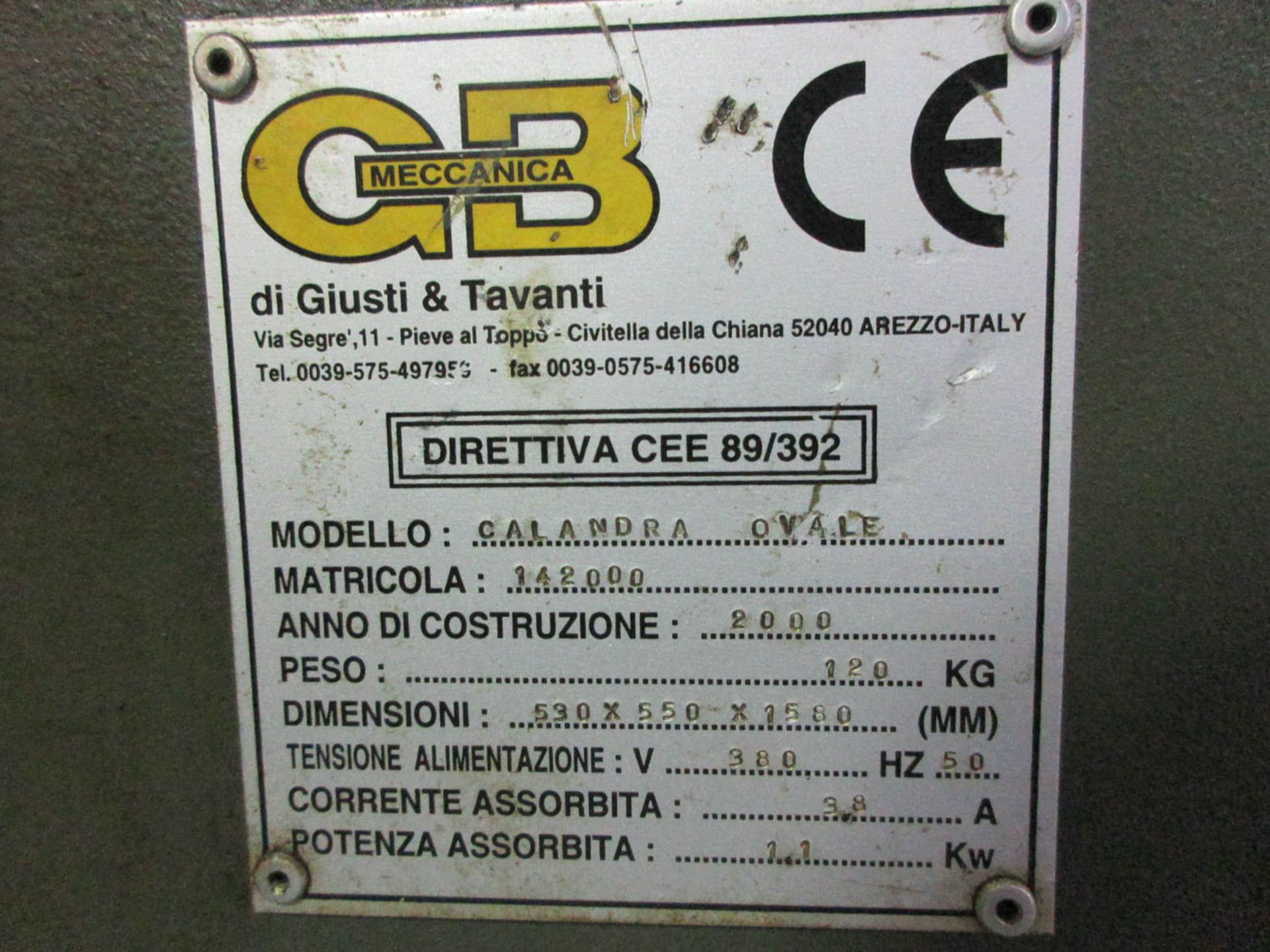 DI GIUSTI & TAVANTI MDL. CALANDRA OVALE PRESSURE 120KG; DIMENSION 530X550X1580CM; 380V; 50HZ; 3.8 - Image 3 of 3