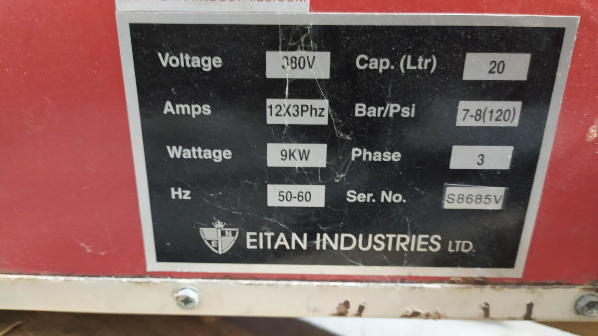 EITAN IND. TLV STEAM GENERATOR, 380V; 12 AMP; 9 KW; 3 PH; 50-60HZ; 7-8 BAR; 20L CAPACITY, S/N: - Image 3 of 4