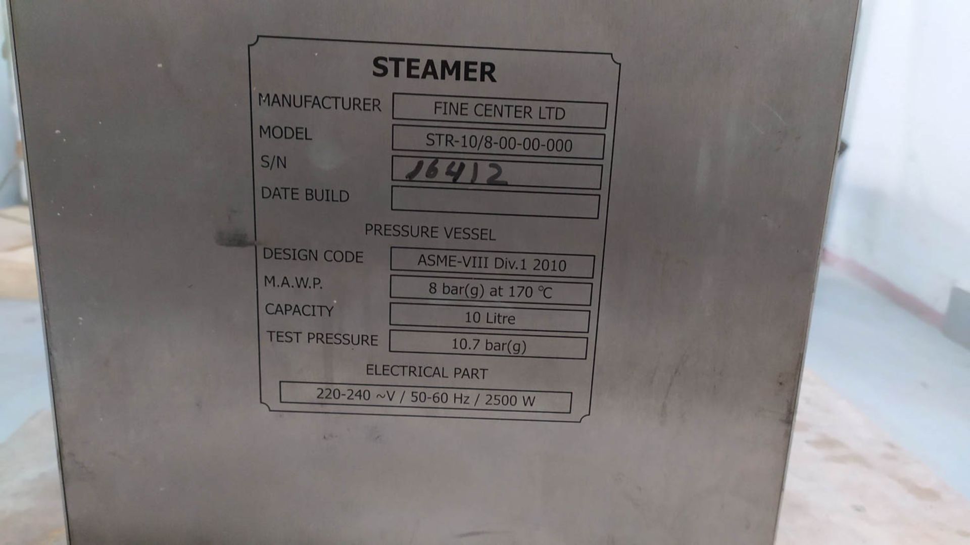 FINECENTER MDL. STR-10/-00-00-000 STEAM CLEANING MACHINE; DESIGN CODE: ASME-VIII DIV1 2010; M.A.W. - Image 2 of 3