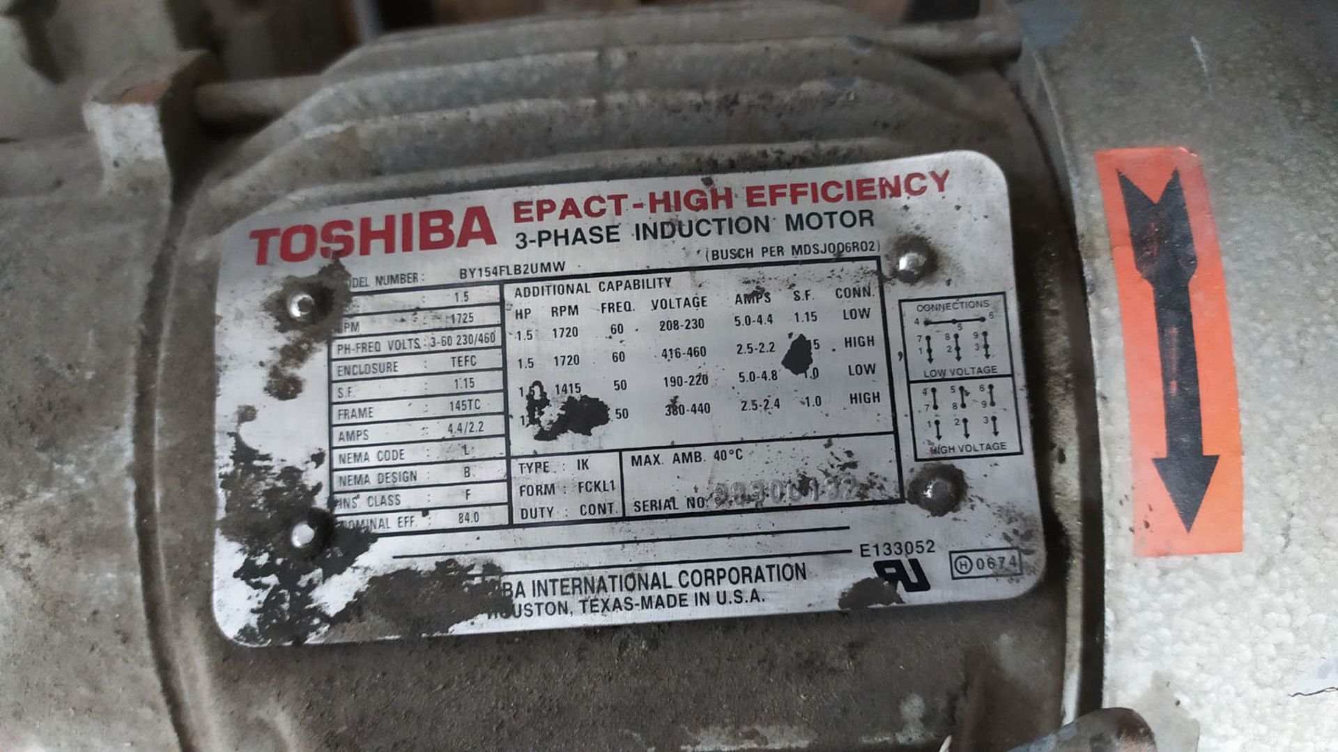 BUSCH CENTRIFUGAL PUMP; TOSHIBA MOTOR:1.5HORSEPOWER; 1725 RPM, S/N: 28300132 [A#267][LOCATED IN - Image 3 of 3