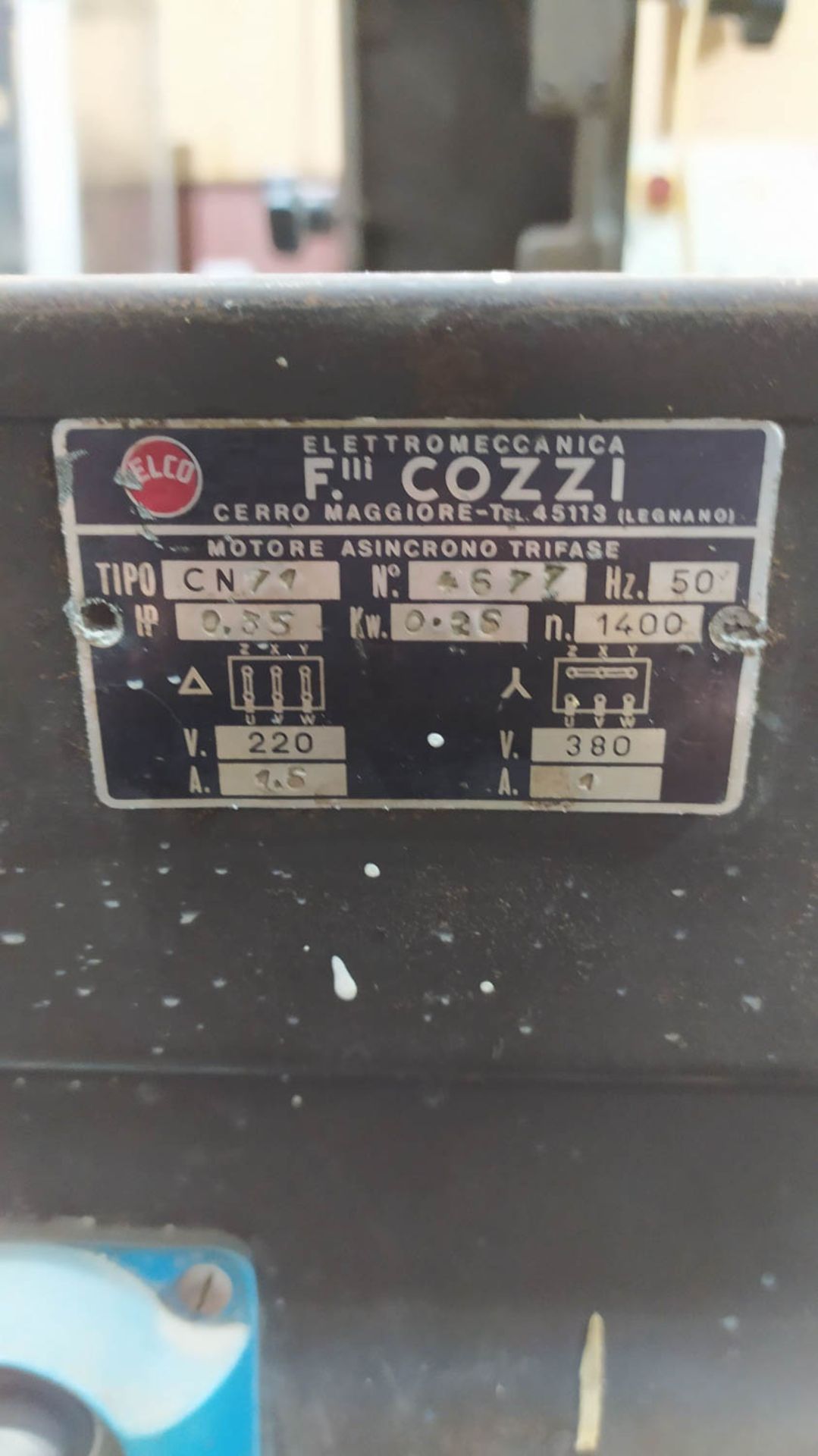 F. COZZI MDL. CN74 BELT SANDER; TABLETOP; 50HZ; 0.35IP; 0.26KW; 1400N; 220/380V/1.6 AMP, S/N: - Image 3 of 3