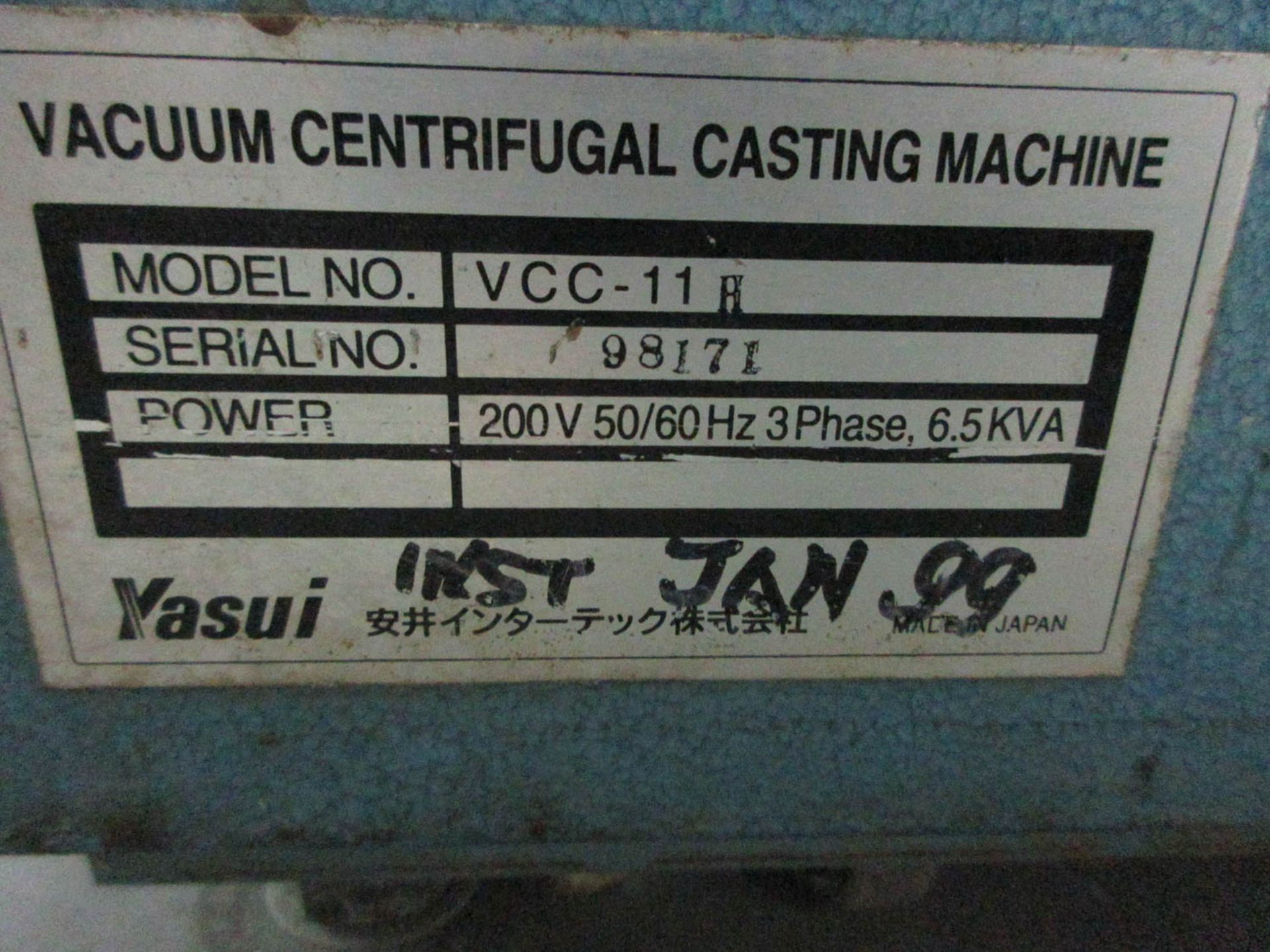 YASUI MDL. VCC-IIH VACUUM CENTRIFUGAL CASTING MACHINE; FOR PLATINUM, 30 CYCLES, 200V; 50/60HZ; 3PH; - Image 6 of 6