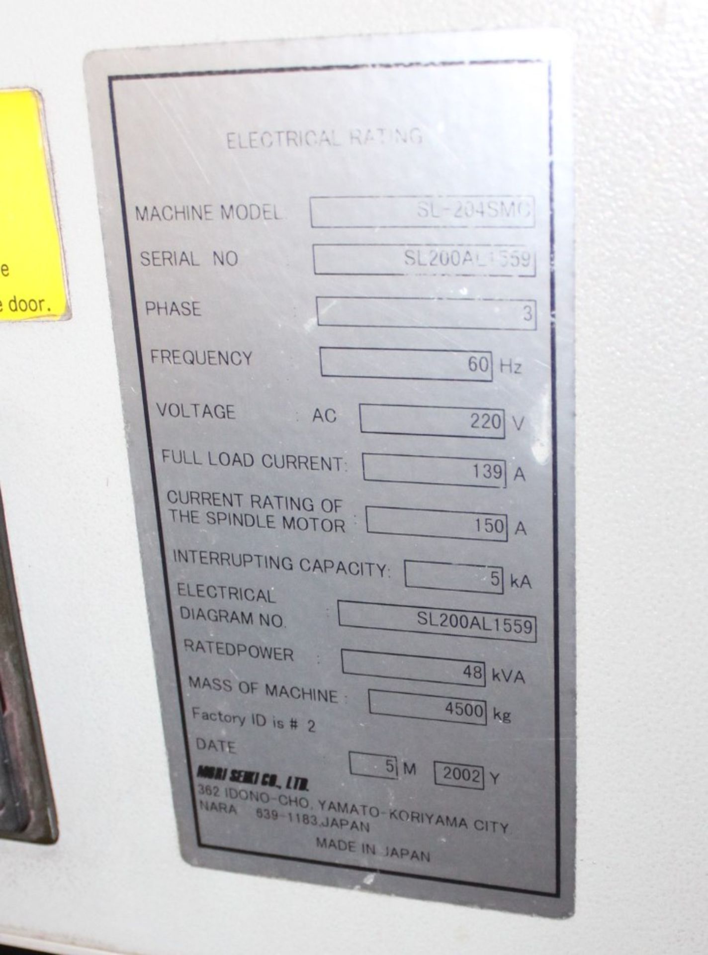 MORI SEIKI MDL. SL-204 SMC CNC TURNING CENTER, S/N: SL200AL1559, (2002), C-AXIS, SIZE 2-1/2", MORI - Image 6 of 6