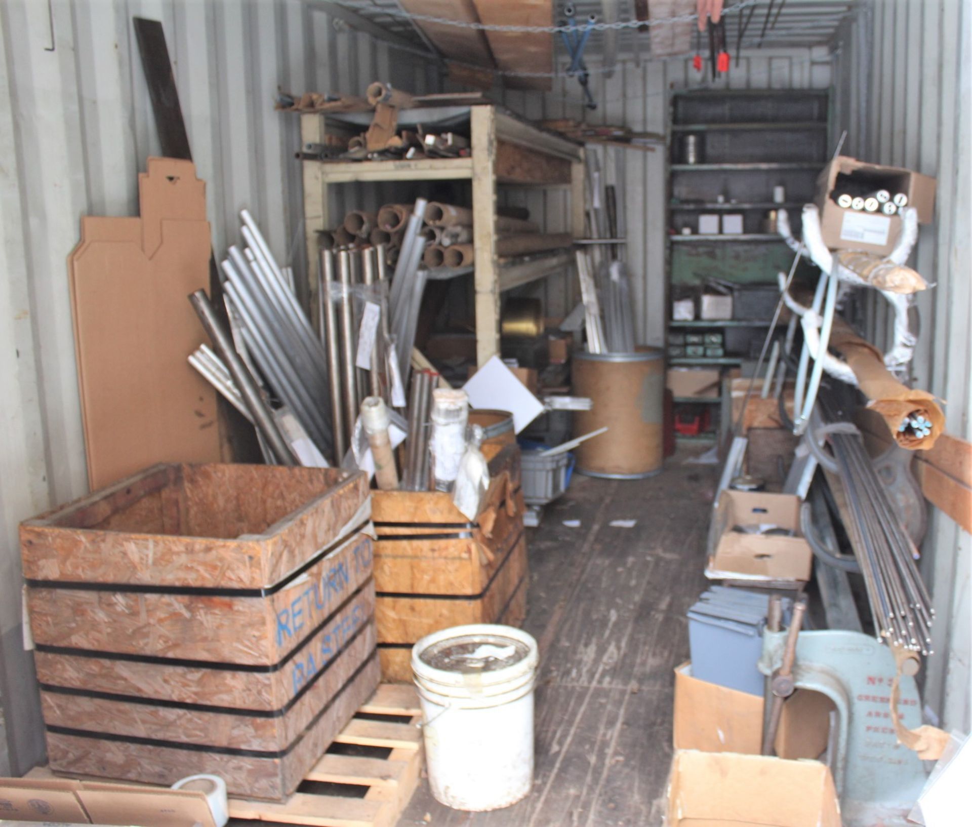 LOT INSIDE SHIPPING CONTAINER INCLUDING ASSORTED STEEL STOCK & NON-FERROUS METAL STOCK, (CONTAINER