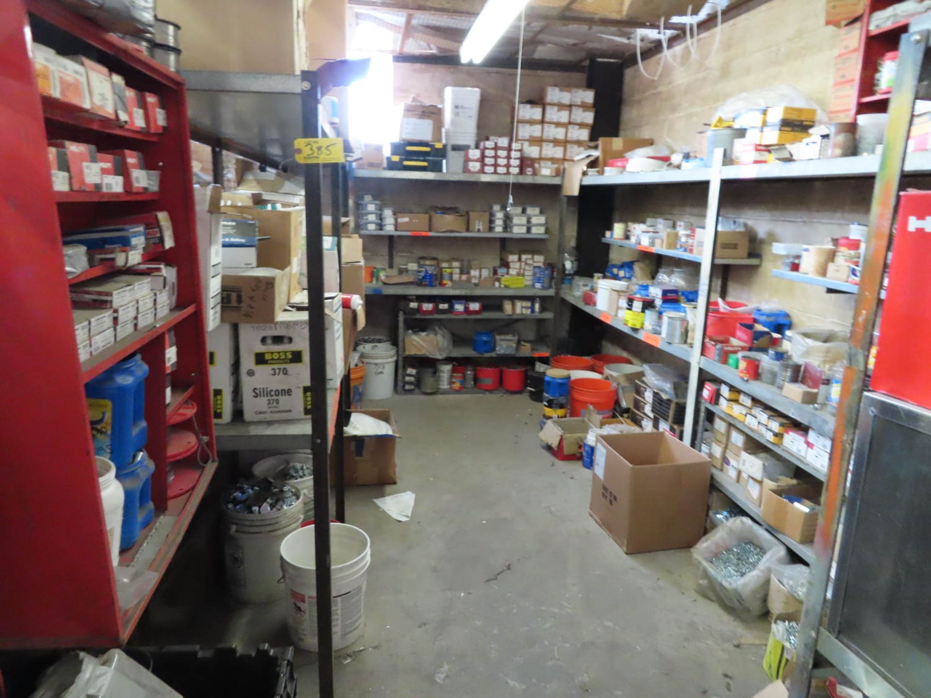 CONTENTS OF STOCK AREA: SCREWS, NUTS, BOLTS, SHELVES, CLAMPS, SEALANTS, ETC. (NO CAGE)