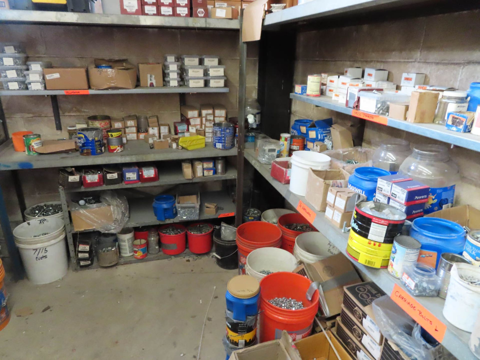 CONTENTS OF STOCK AREA: SCREWS, NUTS, BOLTS, SHELVES, CLAMPS, SEALANTS, ETC. (NO CAGE) - Image 3 of 5
