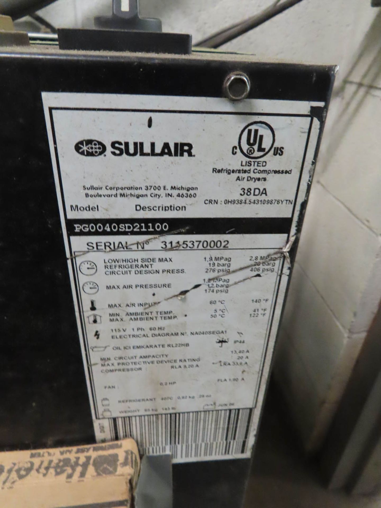 SULLAIR MDL. PG0040SD21100 AIR DRYER, S/N: 3115370002 - Image 2 of 2