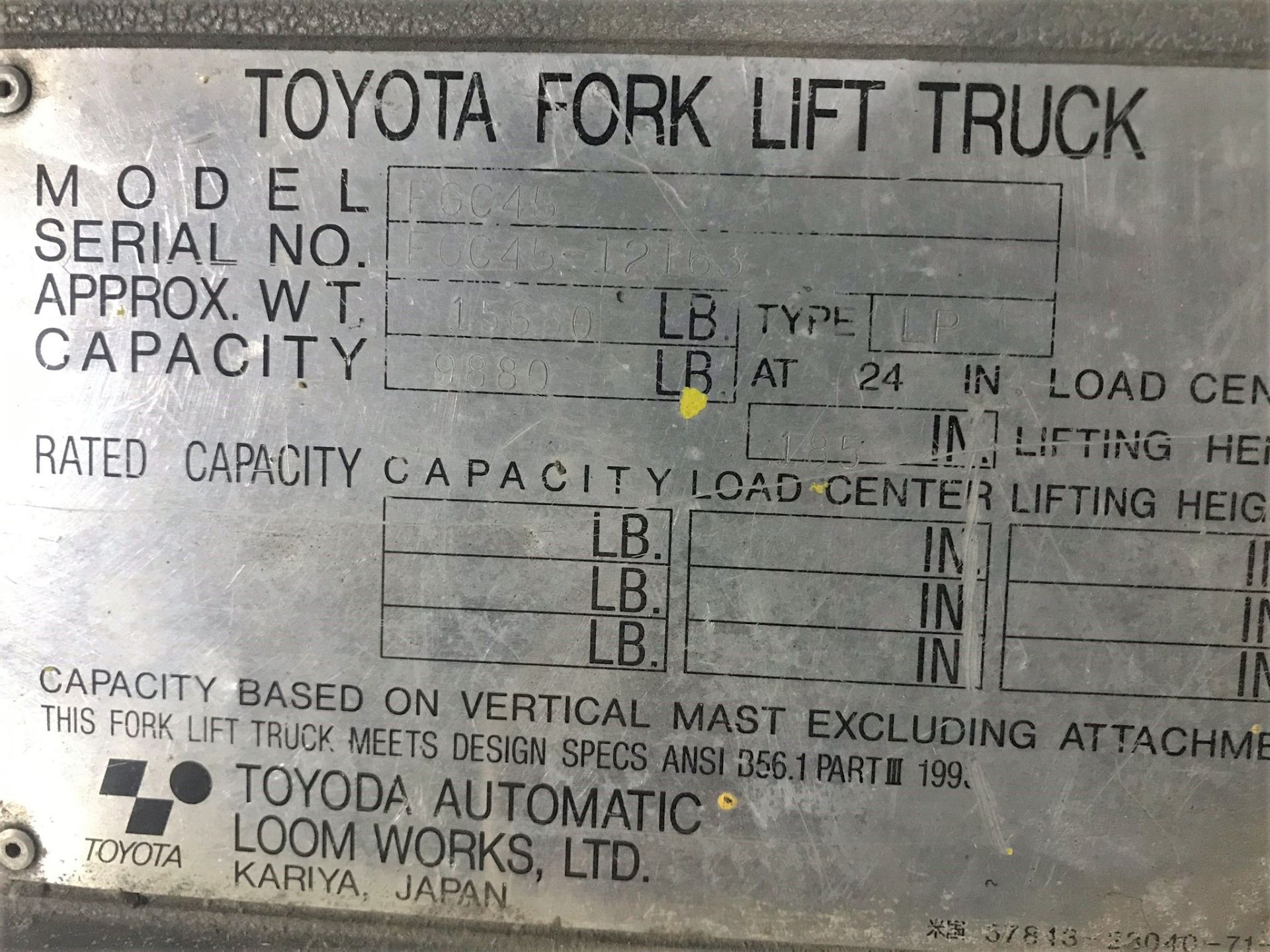 TOYOTA MDL. FGC45 9880# CAPACITY FORKLIFT TRUCK, 3-STAGE MAST, 185" REACH, SOLID TIRES, S/N: FCC45- - Image 3 of 3