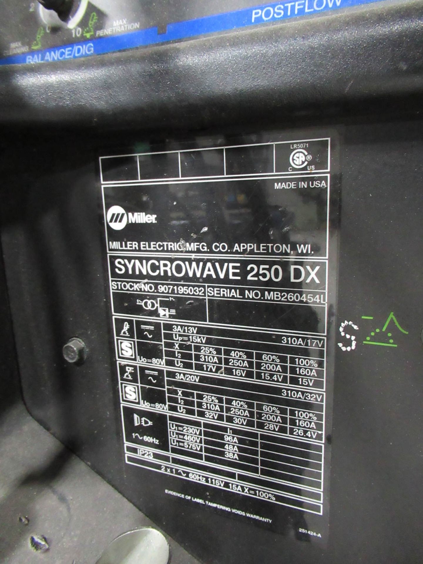 MILLER "SYNCROWAVE" 250DX WELDER, S/N: MB260454L (NO TANK) - Image 2 of 3