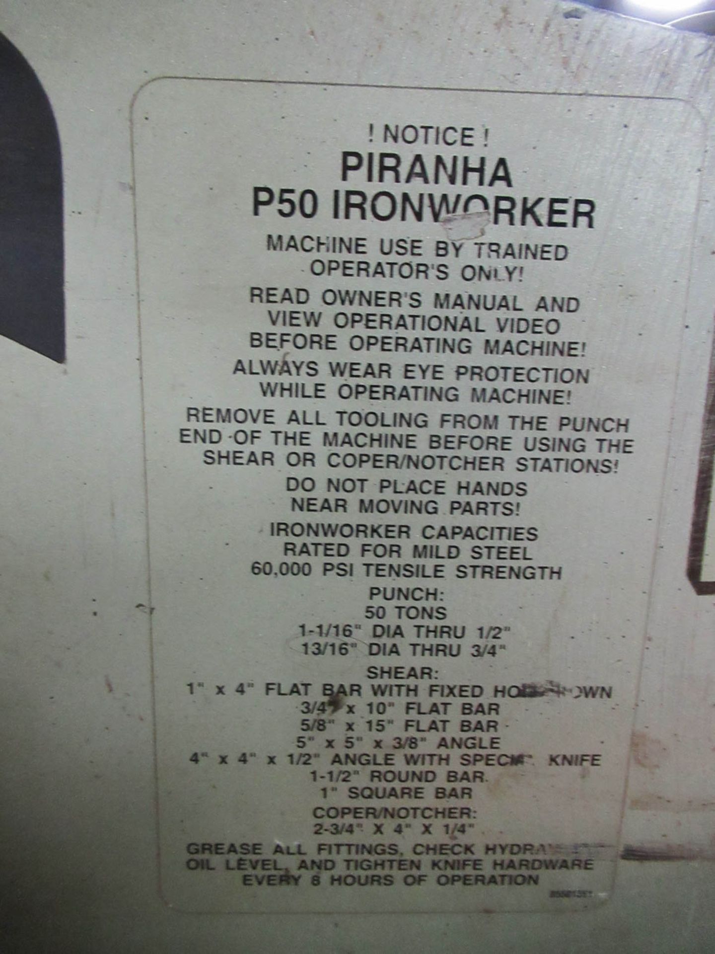 50 TON PIRANHA MDL. P50 HYDRAULIC IRONWORKER, 1-1/16" DIAMETER THRU 1/2" OR 13/16" DIAMETER THRU 3/ - Image 8 of 8