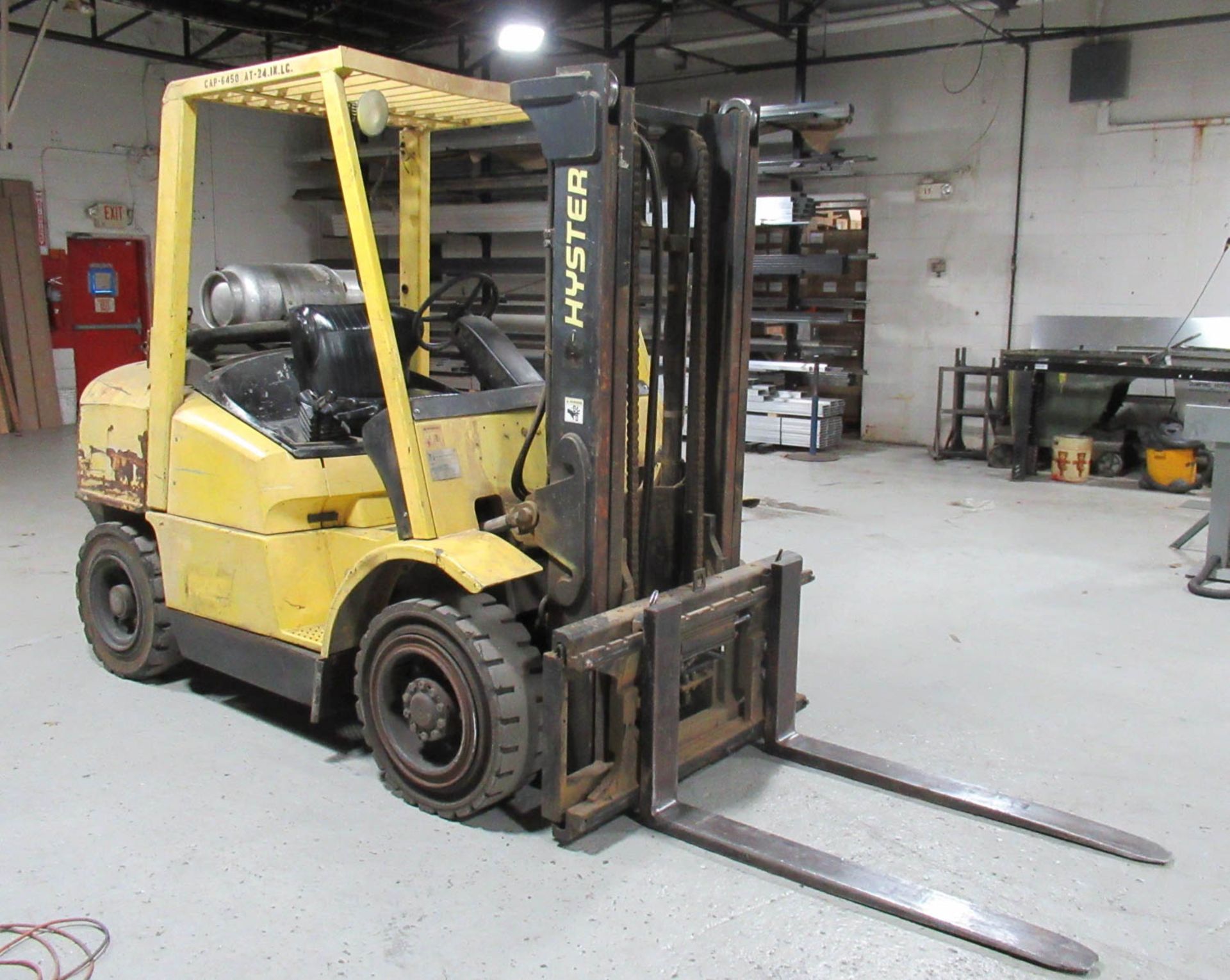 6450# HYSTER MDL. H80XM PROPANE FORKLIFT TRUCK, 122" REACH, HARD TIRES, SIDE SHIFT, S/N: