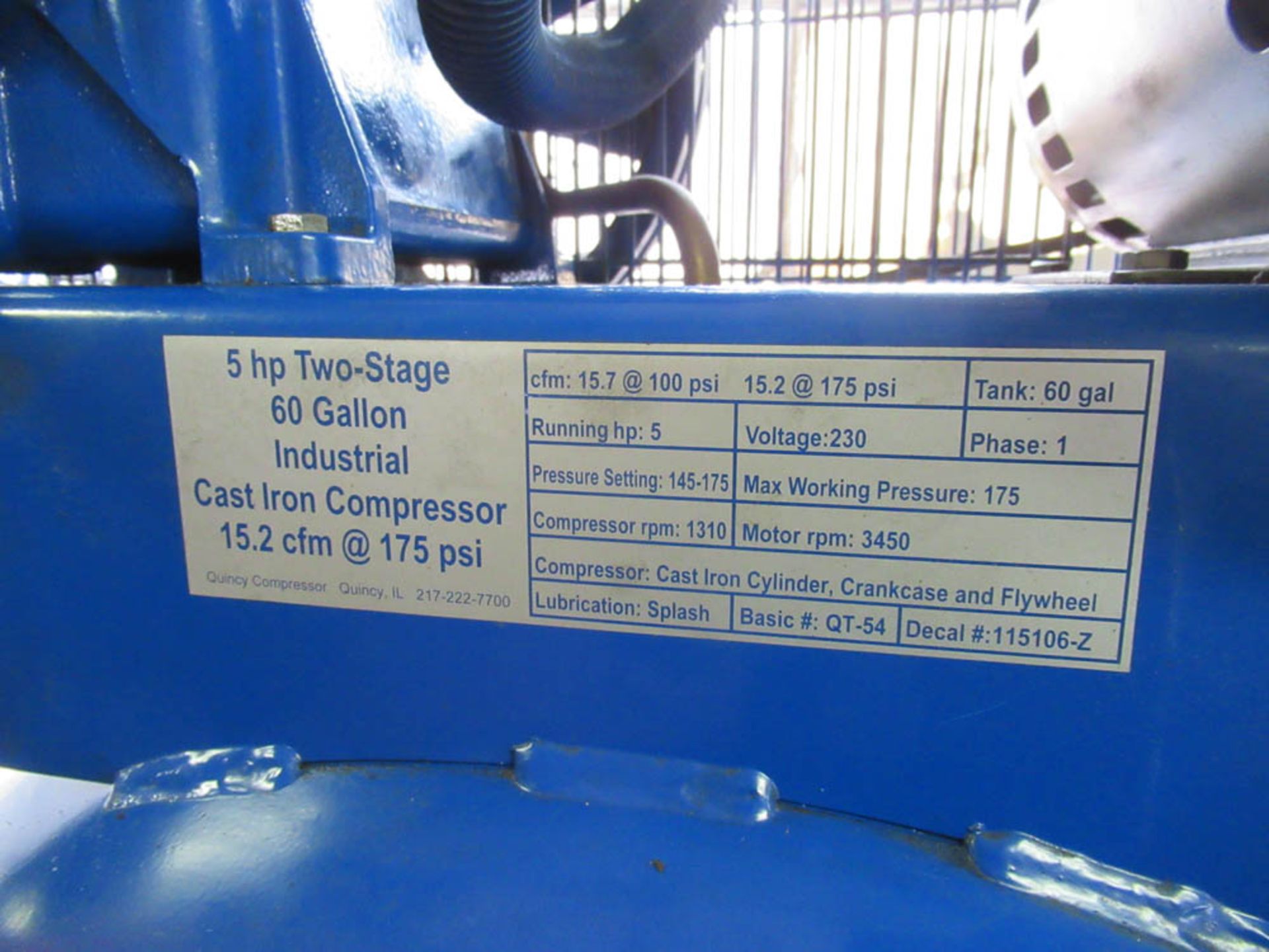 QUINCY MDL. QT-54 5HP VERTICAL TANK MOUNTED AIR COMPRESSOR, 60 GALLON TANK, 175 PSI, S/N: - Image 4 of 4