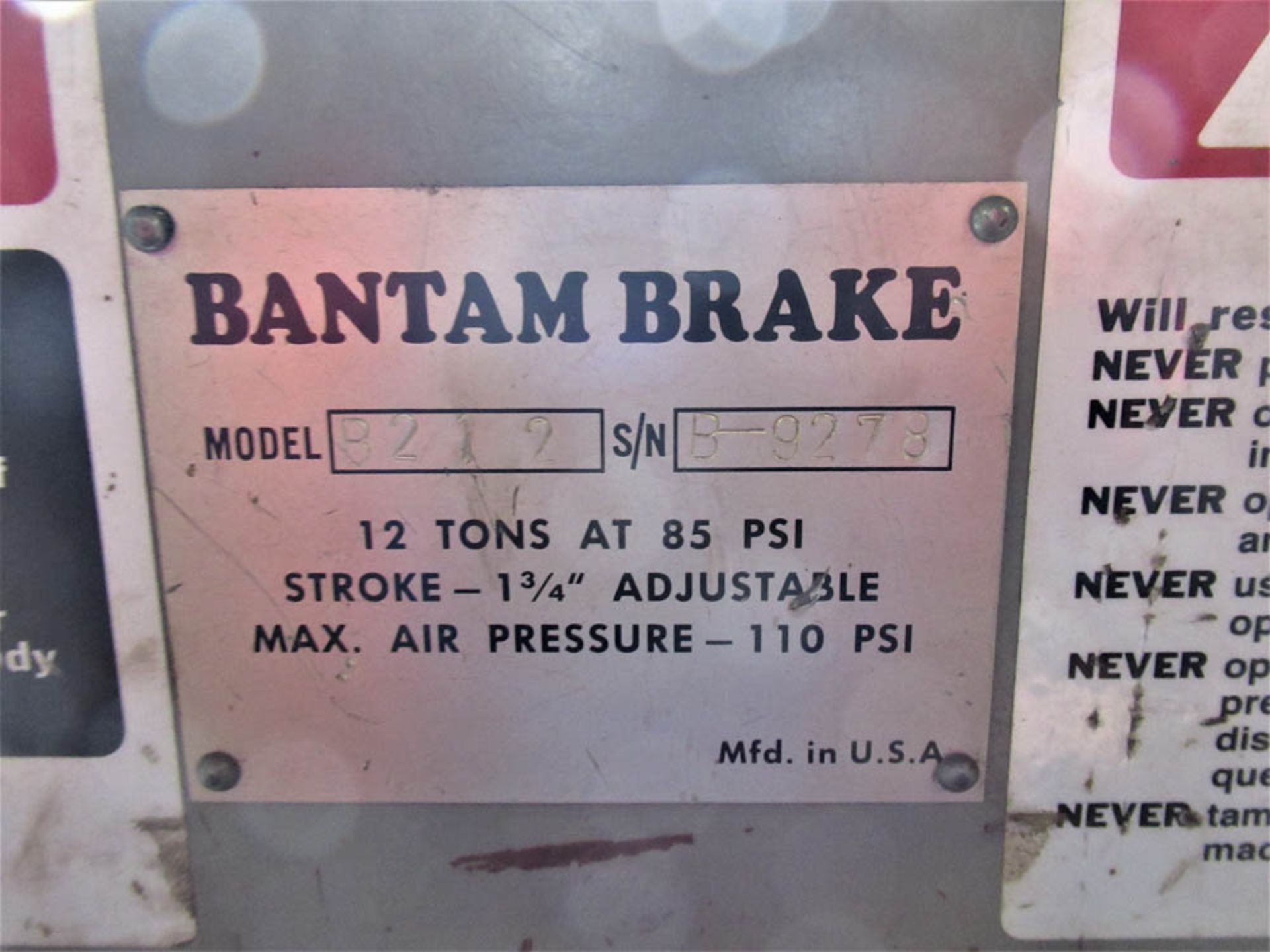 12-TON X 24" BANTAM MDL. B212 PNEUMATIC BRAKE, 1-3/4" ADJUSTABLE STROKE, S/N: B9278, ASSORTED DIES - Image 3 of 6