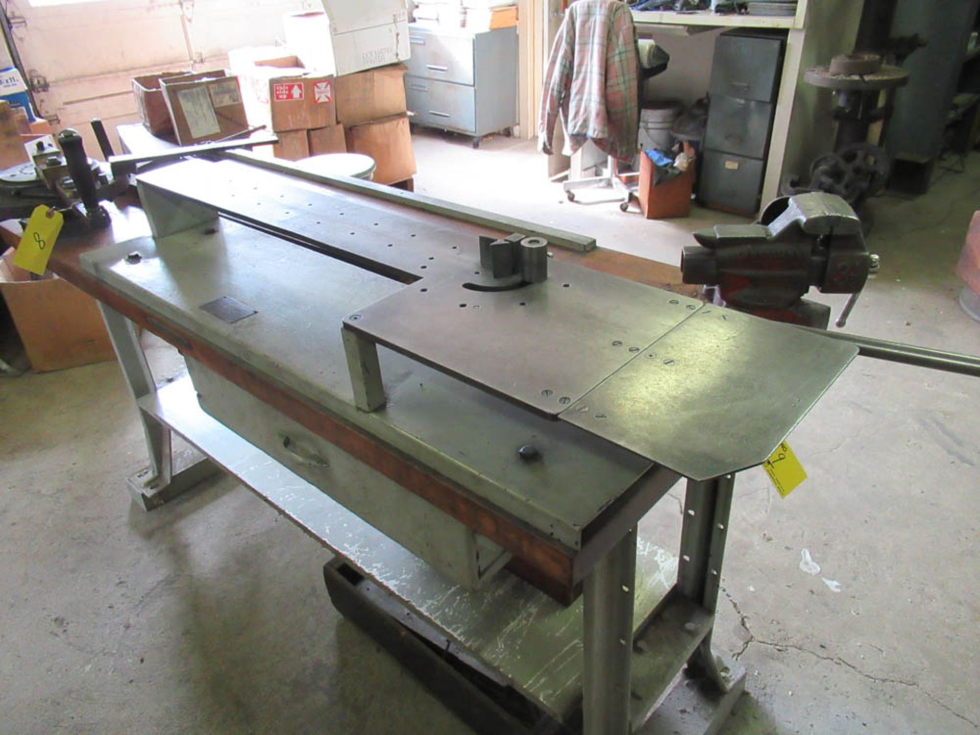 WORK TABLE STATION WITH PENN MANUAL #4 WIRE & TUBE BENDER, 3-1/2" CRAFTSMAN VISE, (2) MANUAL WIRE - Image 3 of 5