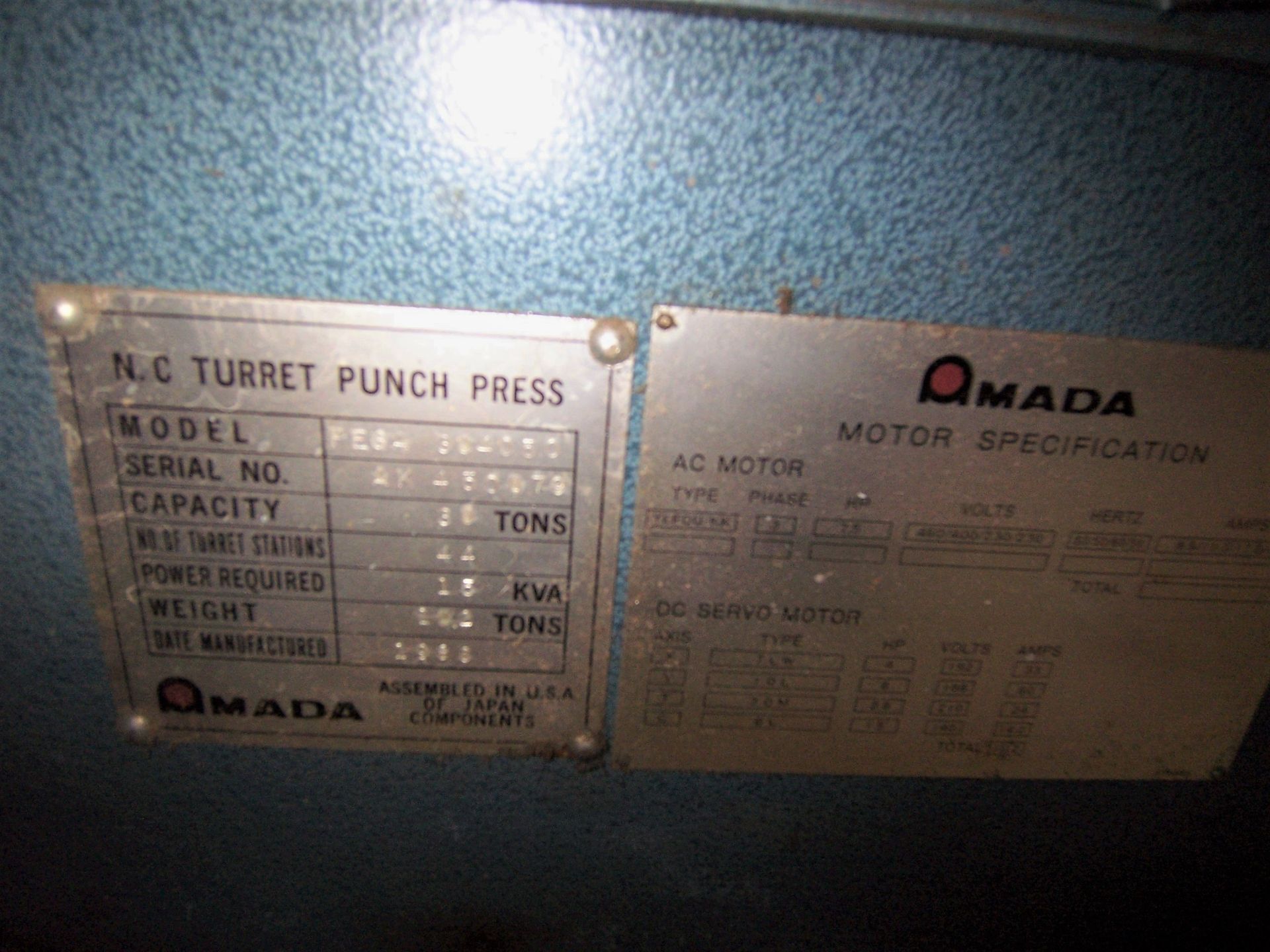 30 TON AMADA MDL. 345NCT CNC TURRET PUNCH, 44-STATION TURRET, [2] AUTO INDEXING STATIONS, FANUC - Image 6 of 6