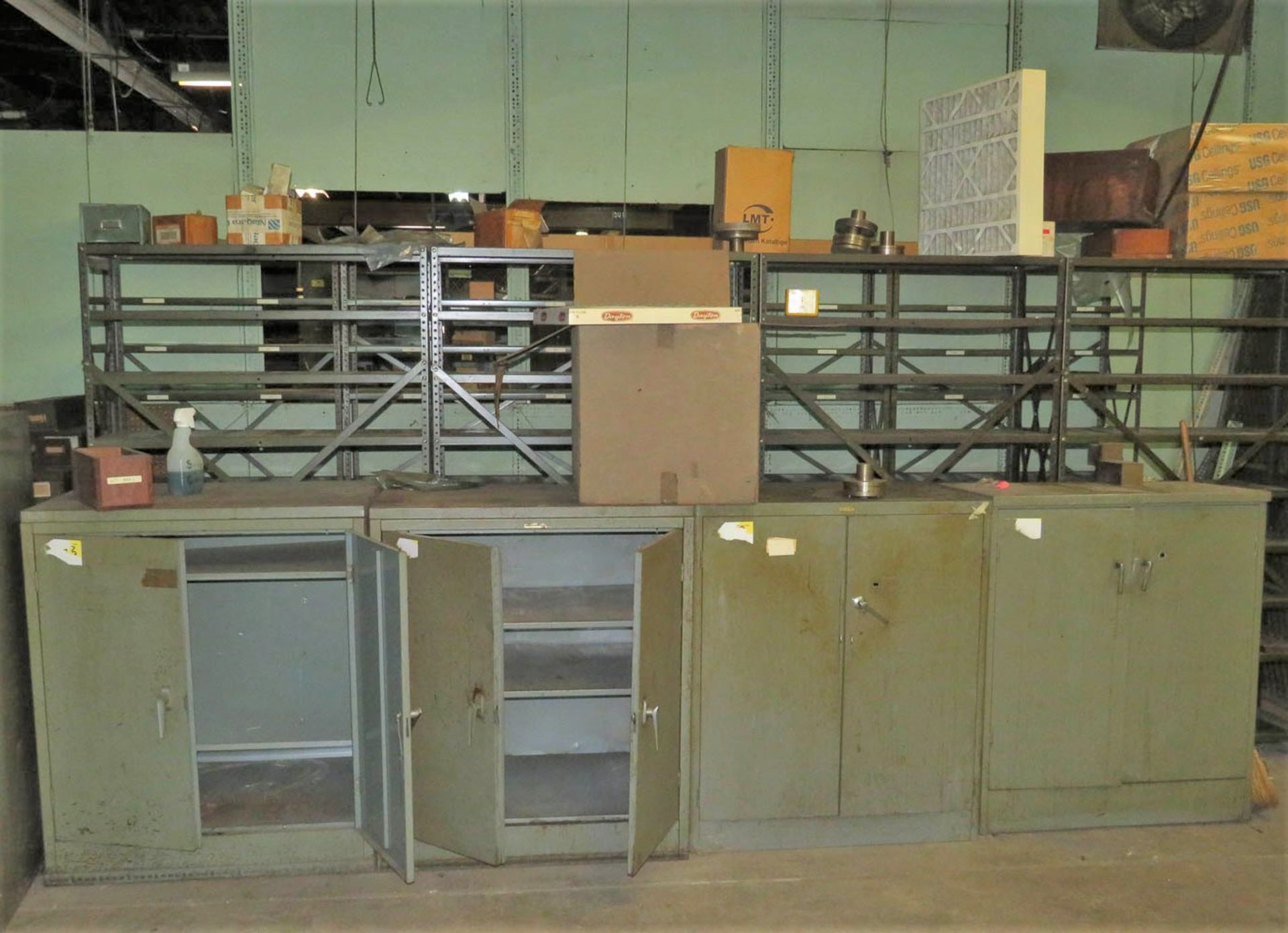 LOT OF ASSORTED 2-DOOR STEEL CABINETS, SHELVING, ASSORTED SHOP BENCHES [LOCATED AT 280 HARTFORD AVE