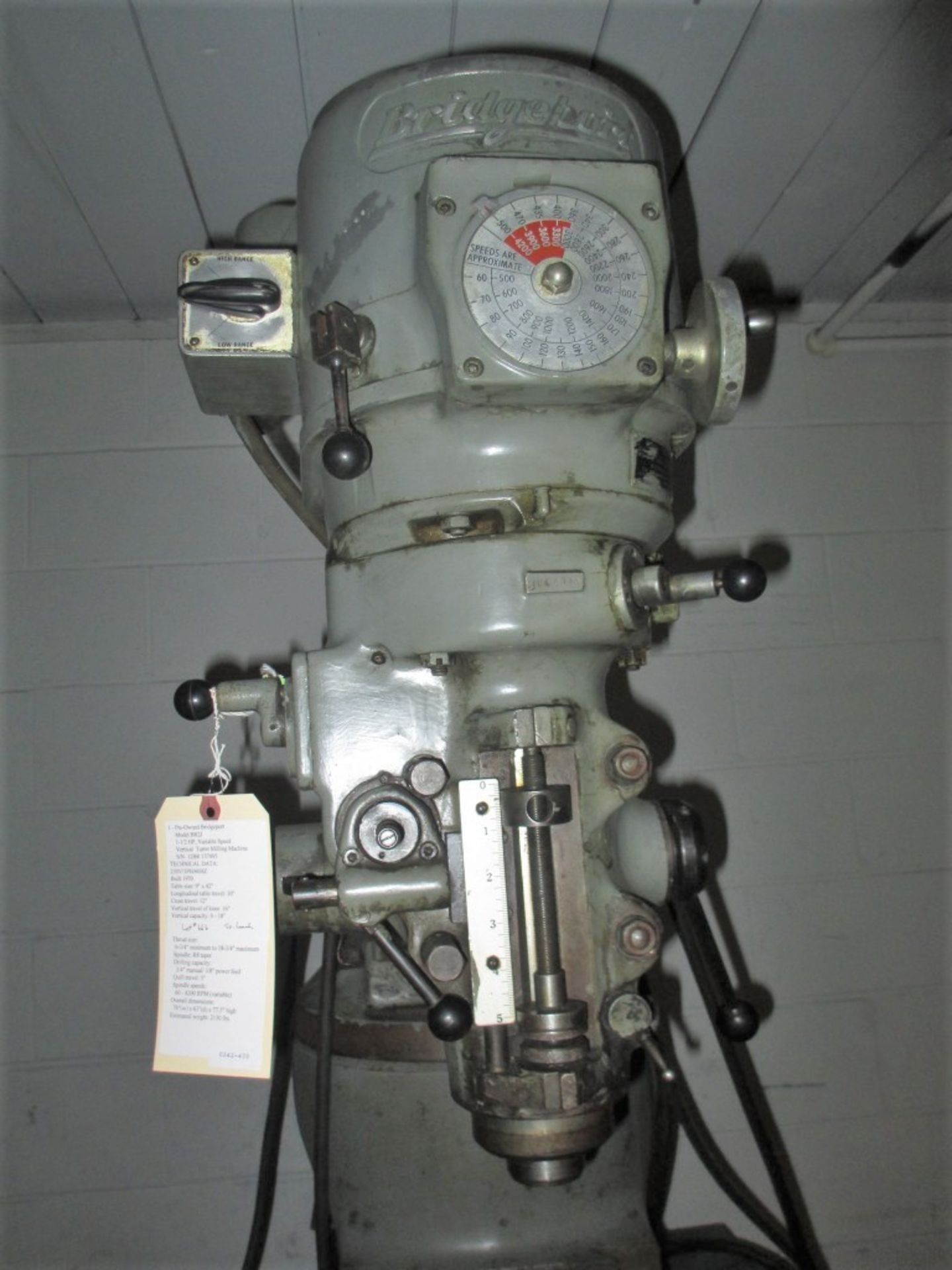 BRIDGEPORT MDL. BR2J 1-1/2HP VARIABLE SPEED VERTICAL TURRET MILLING MACHINE, 230V / 3PH / 60HZ, 9" X - Image 2 of 5