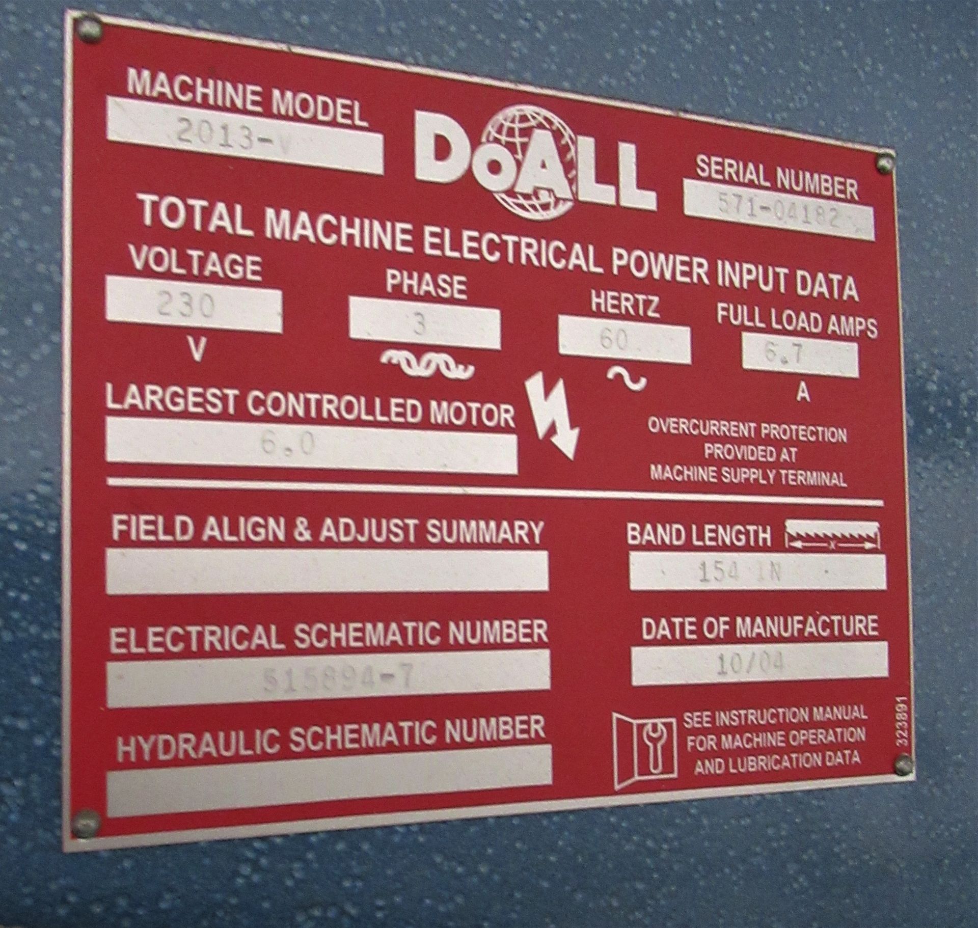 DoALL MDL. 2013V VERTICAL BANDSAW, 55-5200 RPM, 26" X 26" TILTING TABLE, S/N: 571-04182 - Image 4 of 5