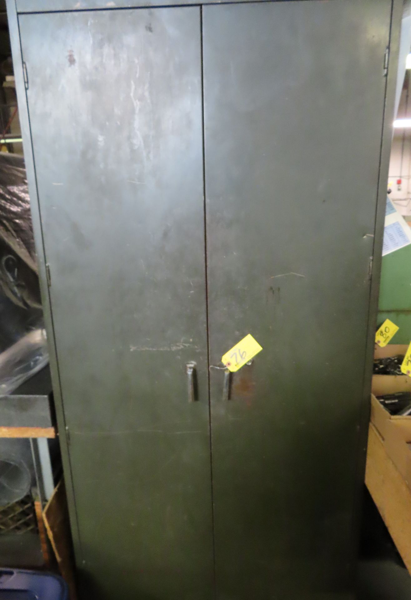 2-DOOR STEEL CABINET, WITH ASSORTED SANDING BELTS, SANDING CARTRIDGE ROLLS, PADS, ETC.