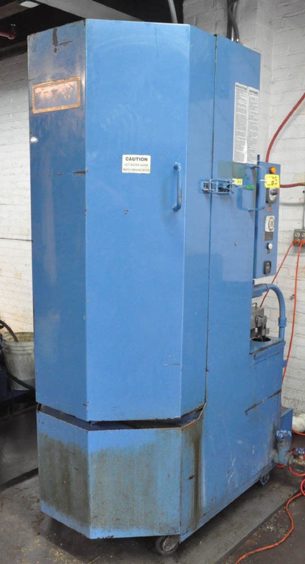 KEMAC MDL. 2748, 27" DIAMETER X 48" H SINGLE BASKET TYPE ENCLOSED HOT JET SPRAY PARTS WASHER, S/N: