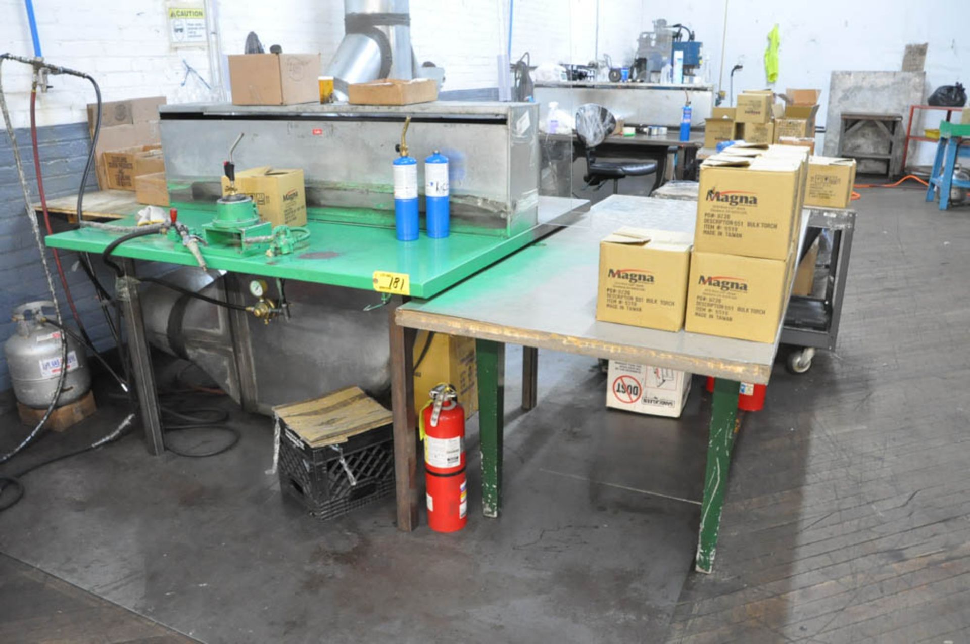 (2) ASSEMBLY STATIONS WITH PNEUMATIC CLAMPING FIXTURES AND (1) EXTRA BENCH WITH STOOLS