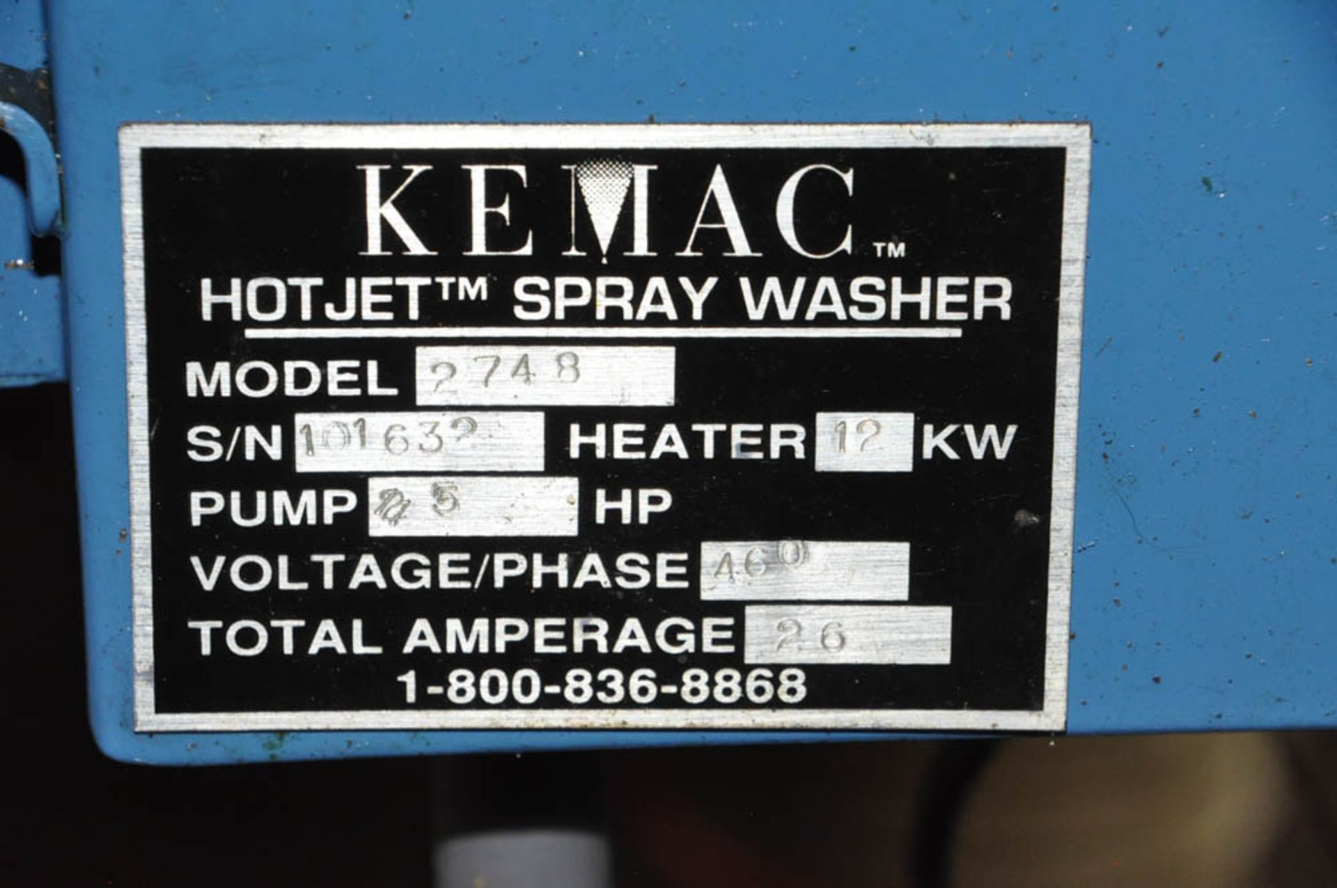 KEMAC MDL. 2748, 27" DIAMETER X 48" H SINGLE BASKET TYPE ENCLOSED HOT JET SPRAY PARTS WASHER, S/N: - Image 4 of 4