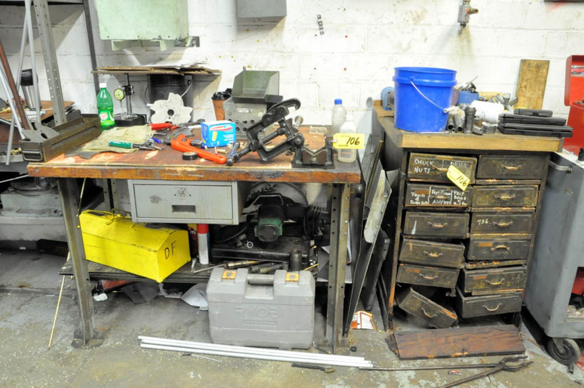 BENCH WITH VISE, ORGANIZER CABINET WITH MAINTENANCE HARDWARE, CUTOFF SAW, ETC.