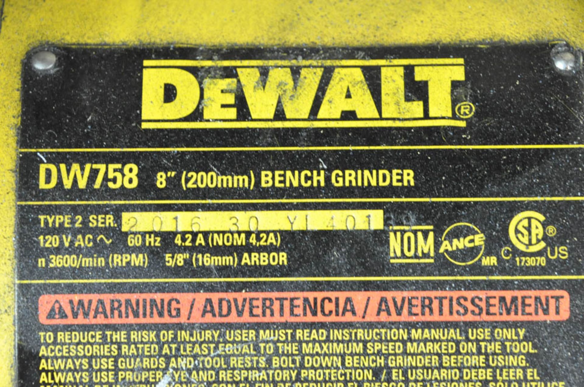 DEWALT MDL. DW758, 8" DOUBLE END PEDESTAL TYPE GRINDER, SINGLE PHASE, S/N:2016 30 Y1401 - Image 2 of 2