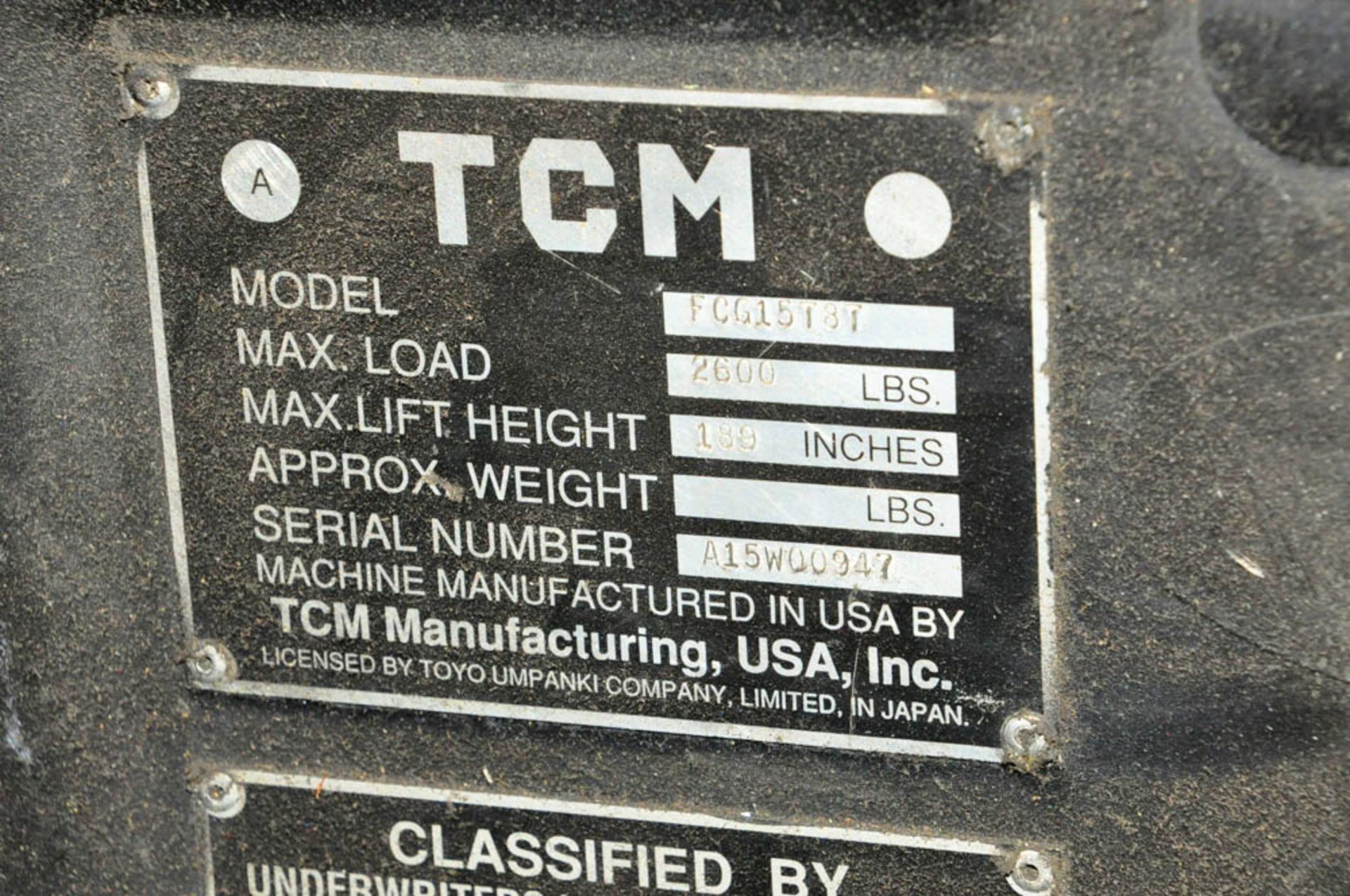 TCM MDL. FCG15T8T, 2600-LBS. X 189" LIFT CAPACITY LP GAS FORK LIFT TRUCK, SIDE SHIFT, 3-STAGE - Image 3 of 3
