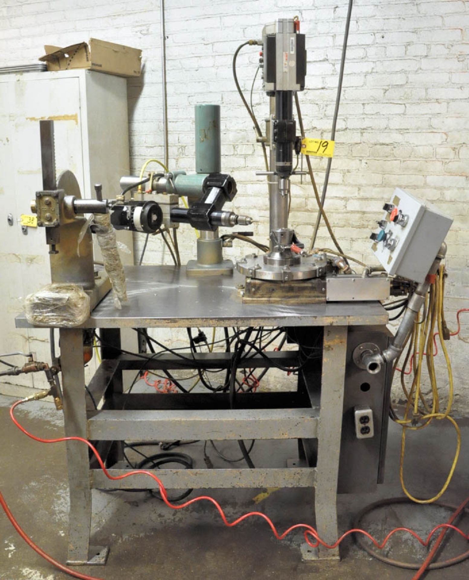 CUSTOM FABRICATED 2-HEAD SINGLE STATION DRILLING OPERATION, WITH DESOUTTER DRILL HEADS, PUSH