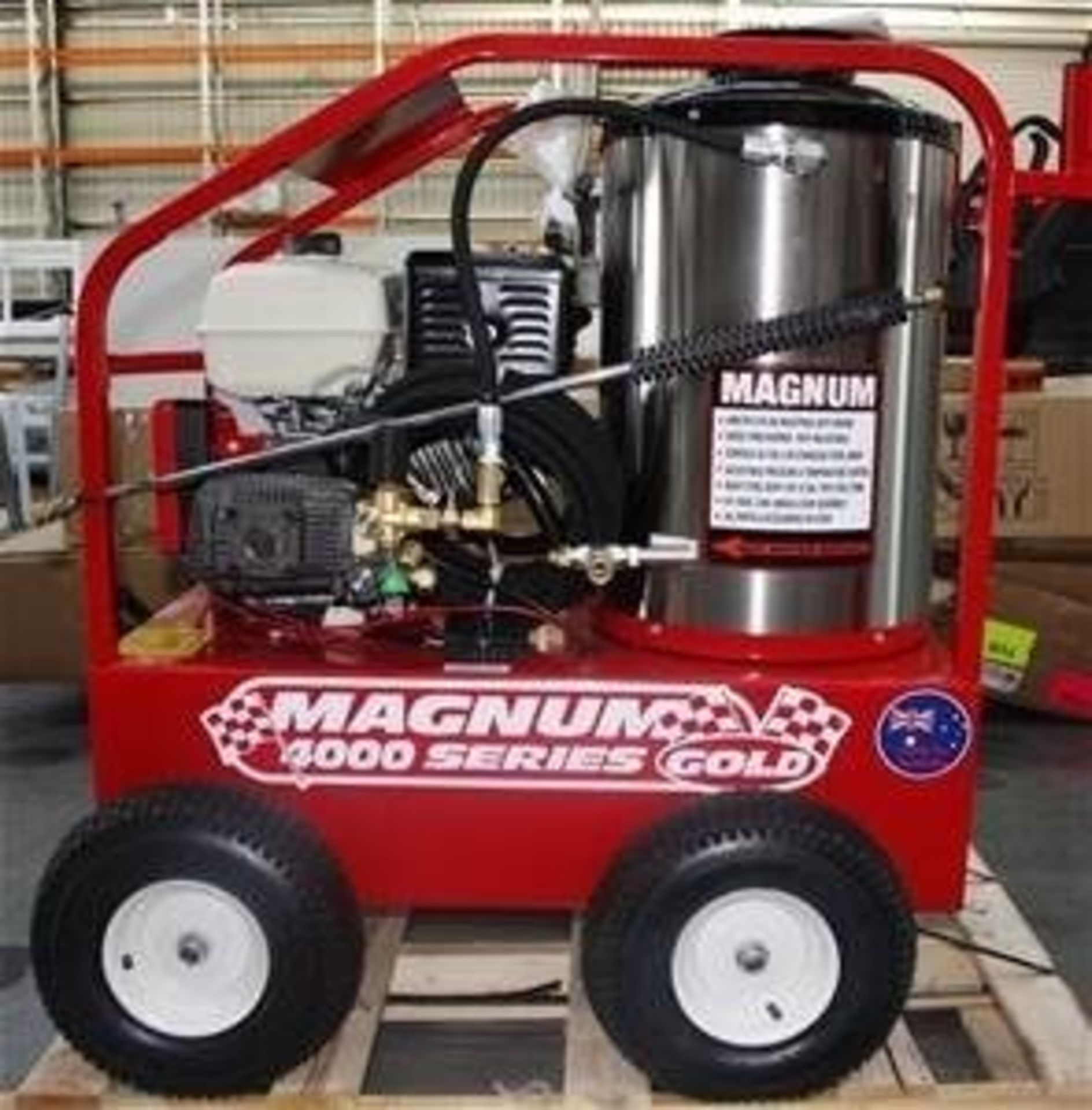 Magnum 4000 Series Gold Diesel Fired Hot Water Pressure Washer. 15 hp elec start eng, 30FT hose &