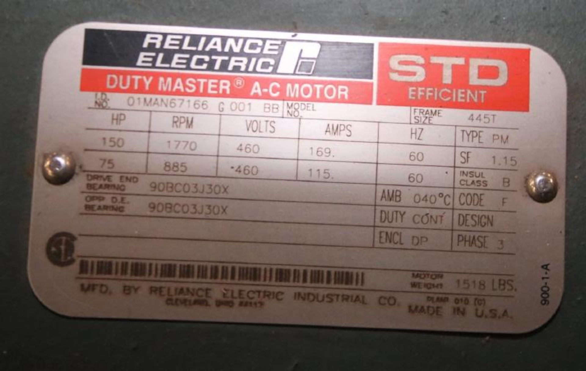 Reliance 150 / 75 hp Motor, with 1170 / 885 rpm, Frame Size 445T, 460V 3 Phase (Located - Image 2 of 2