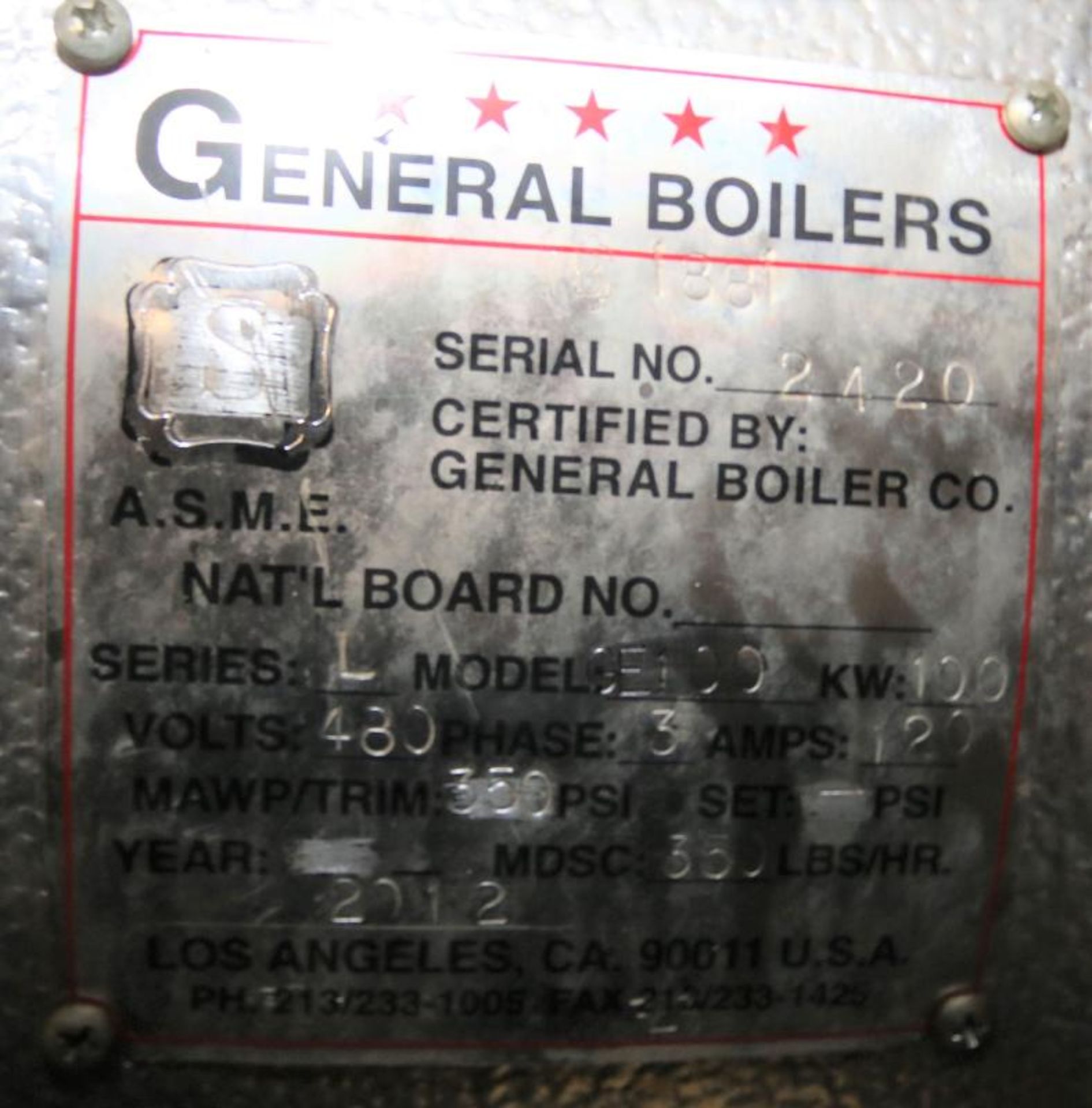 2012 General Boilers Small Electric Steam Boiler, Model GE100, SN 2420, BN 1881, Series L, 100 KW, - Image 7 of 8