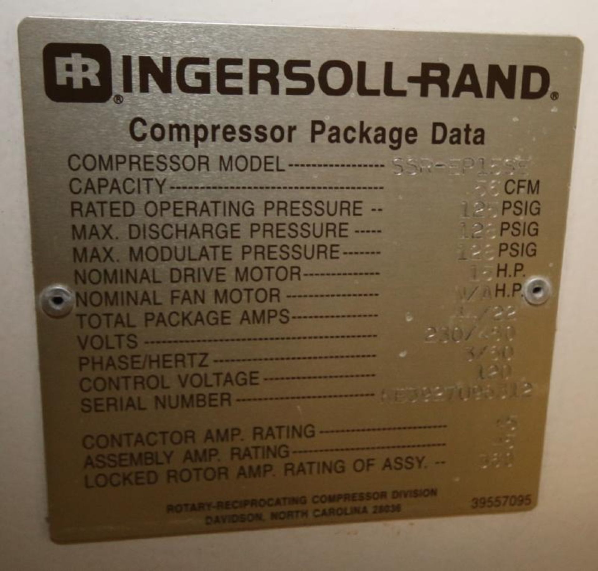 Ingersoll Rand 15 hp Screw Air Compressor, Model SSR-EP15SE, SN KE3927U96312, 125 psig, with - Image 5 of 5
