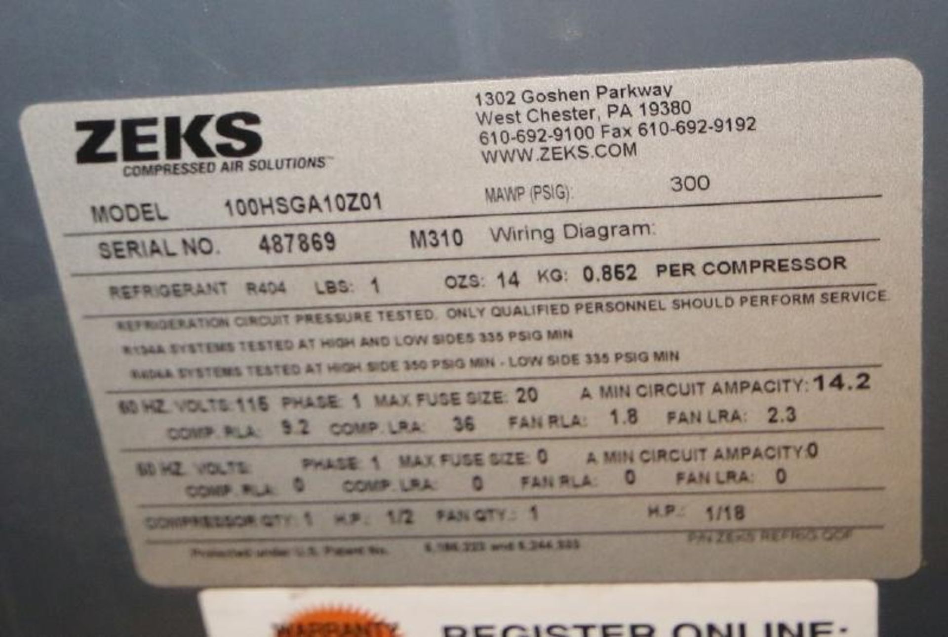 Zeks Heatsink Refrigerated Air Dryer, Model 100HSGA10Z01, SN 487869, R404 Refrigerant, 115V Single - Image 5 of 5