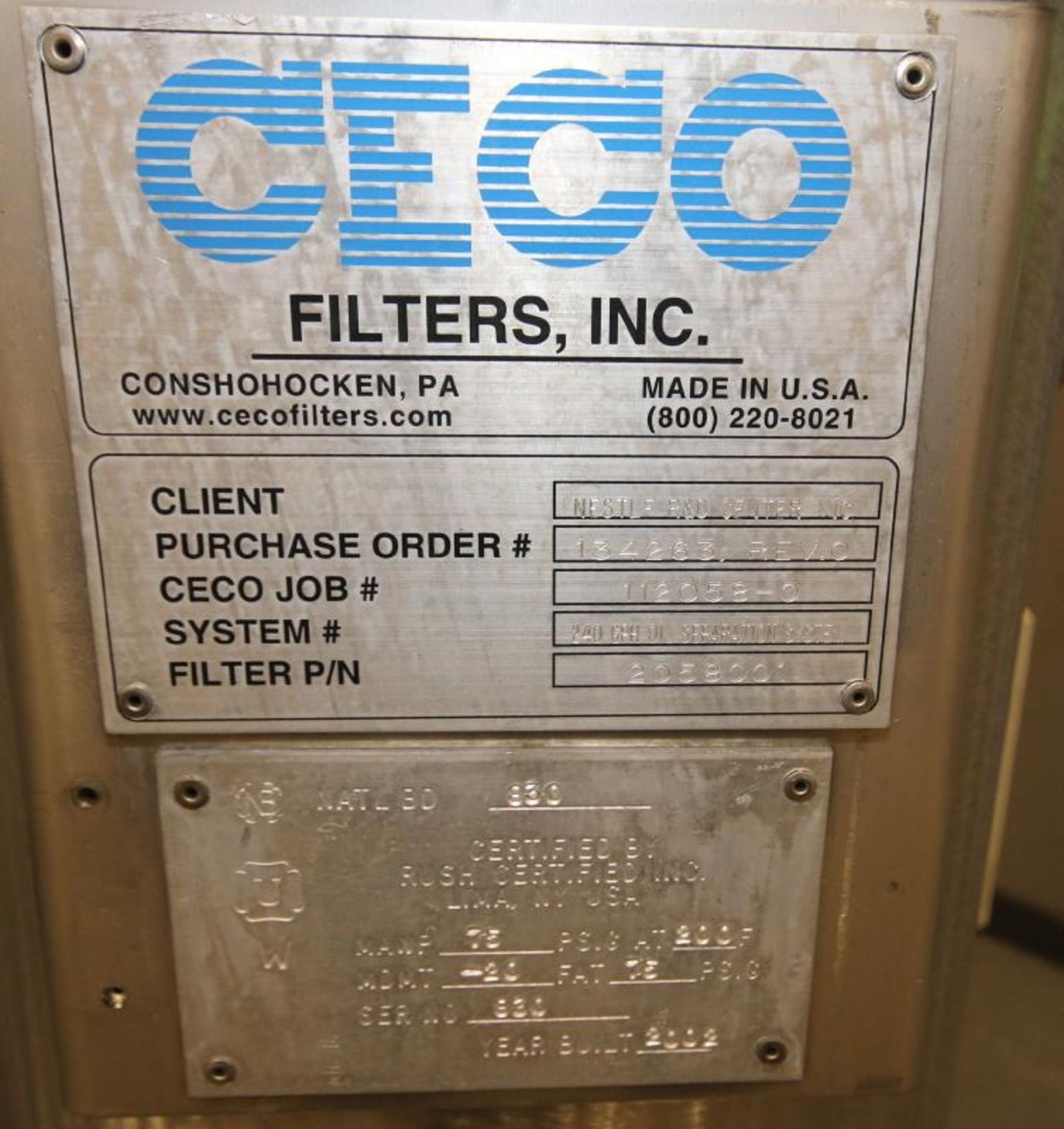 CECO 5 ft H x 12" W S/S Oil Separator / Filter System, Order No. 134263 Rev.O, BN 830, MAWP 75 - Image 5 of 5