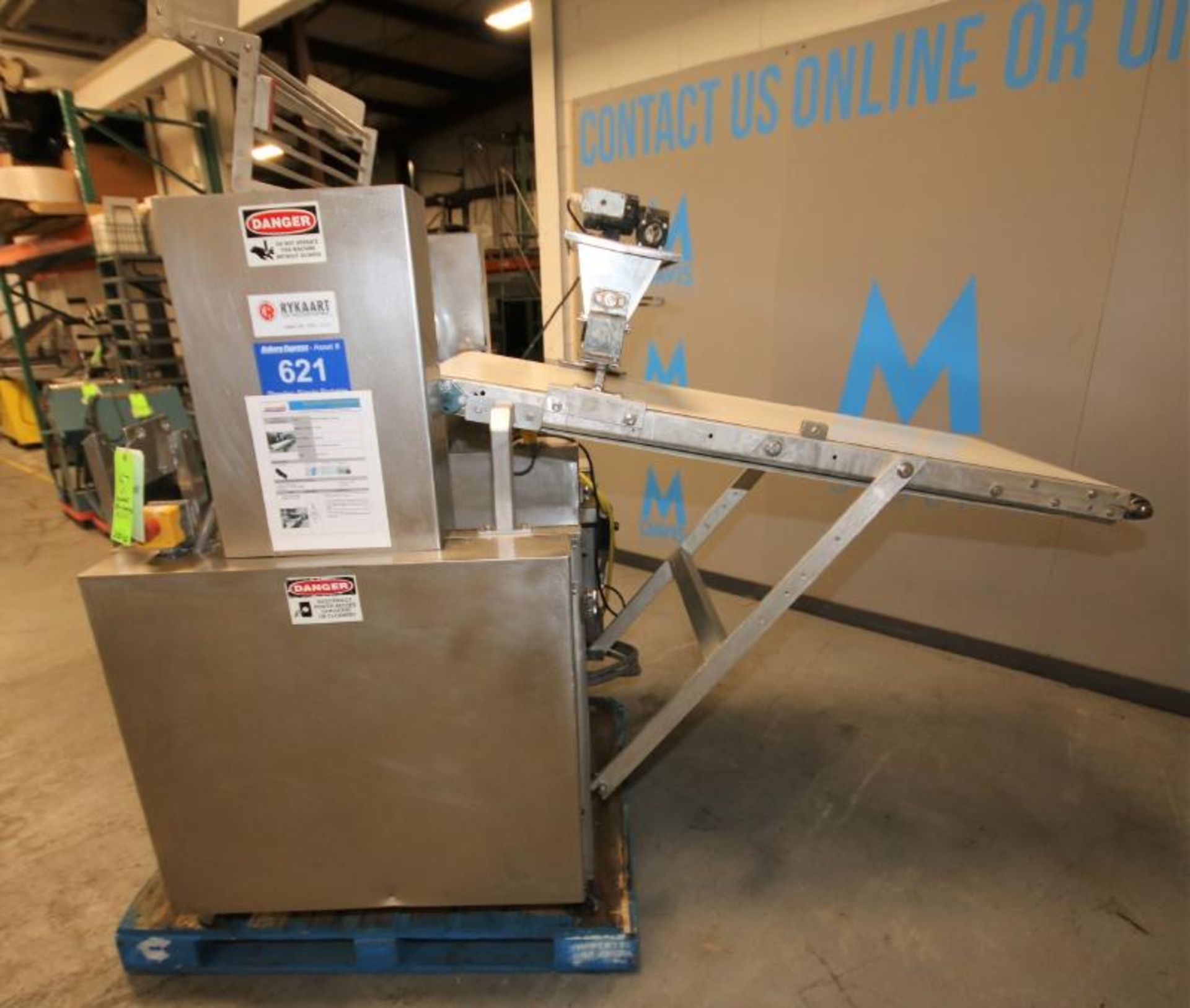 Rykaart 24" W S/S Sheeter, with 5 ft L x 24" W Belt Conveyor, S/S Flour Duster, Control Box with (2) - Image 3 of 11