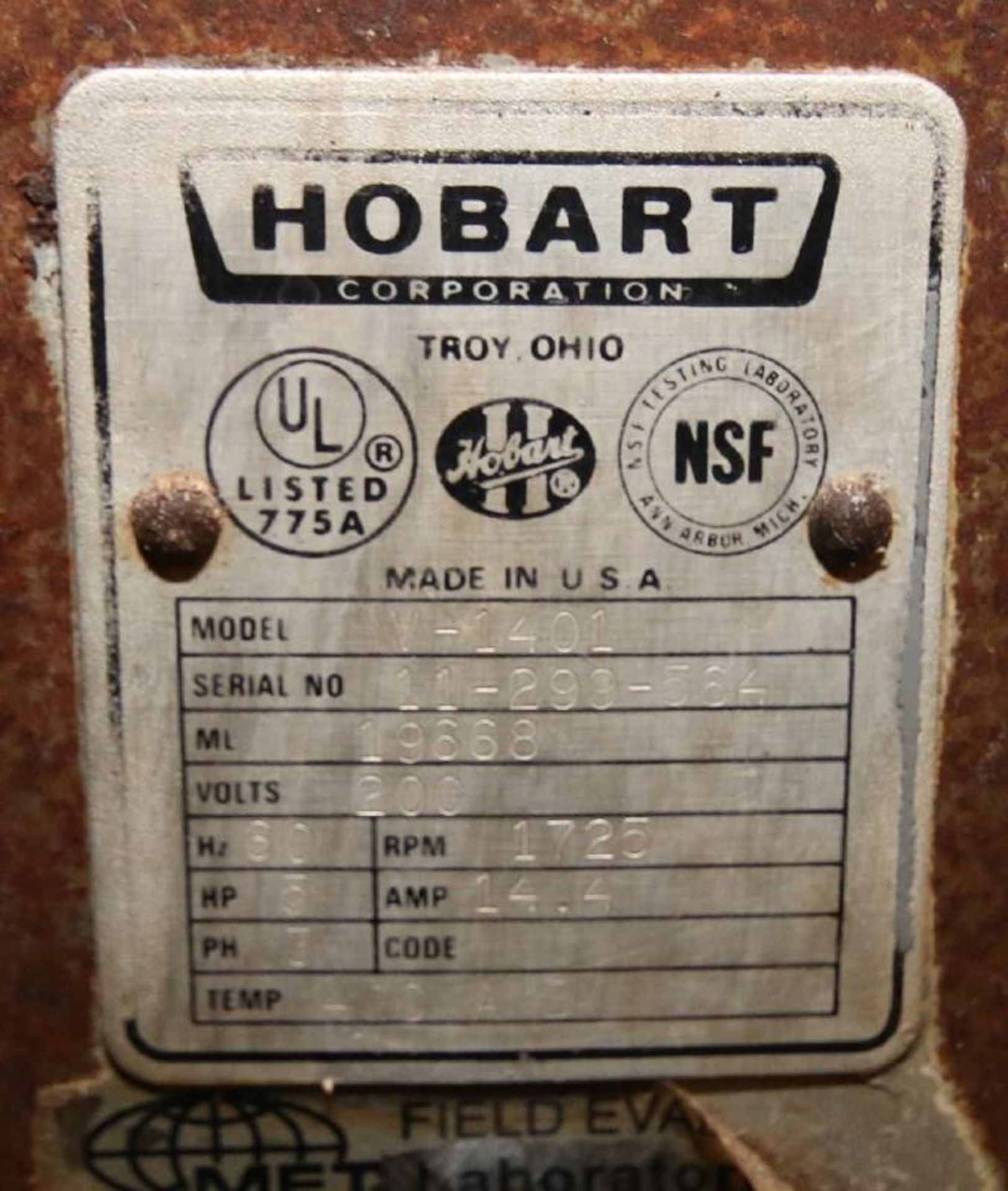 Hobart 140 Quart Dough Mixer, Model V1401, SN 11-299-564, 5 hp, 1725 rpm, 200V 3 Phase, (Note: - Image 5 of 5