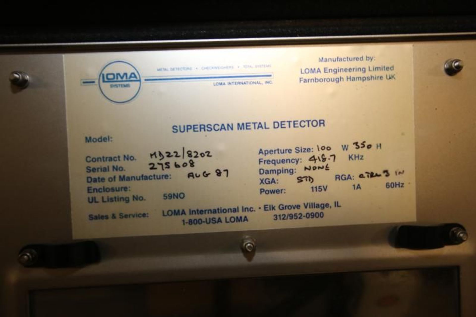 Loma S/S Metal Detector System, Model Superscan, SN 275608, with 4" W x 12" H Opening, Mounted on - Image 6 of 6