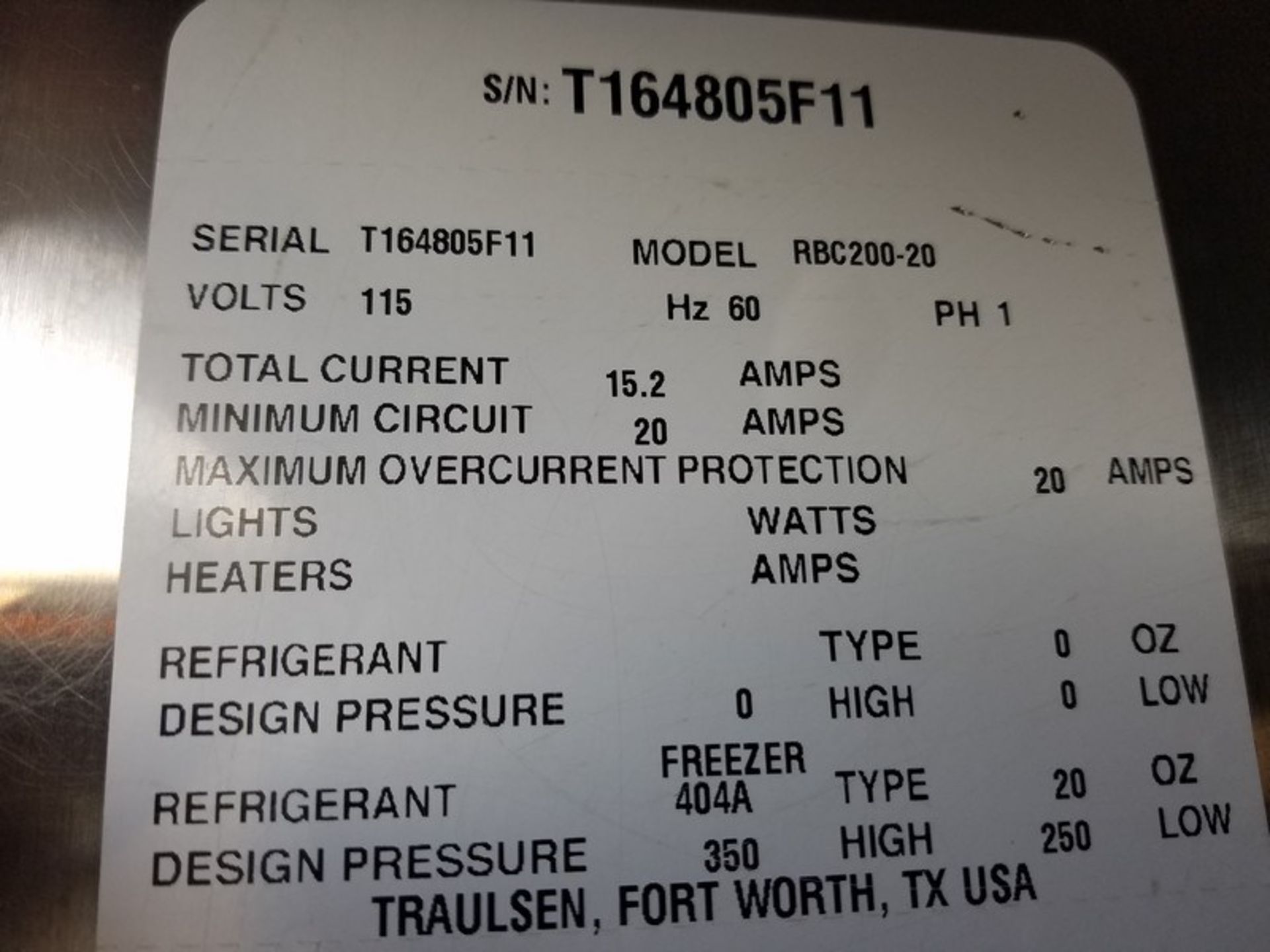 Traulsen S/S Single Rack Blast Chiller, M/N RBC200-28, S/N T164805F11, Refrigerant 404A, Design Pres - Image 4 of 5