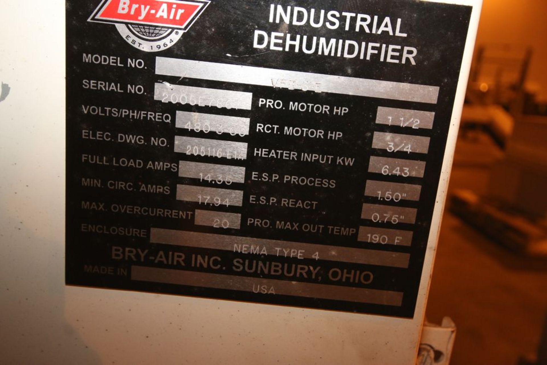 Bry Air Industrial Dehumidifier, M/N VFB-3-E, S/N 2005E7861, 480 Volts, 3 Phase, Mounted on Skid ( - Image 6 of 6