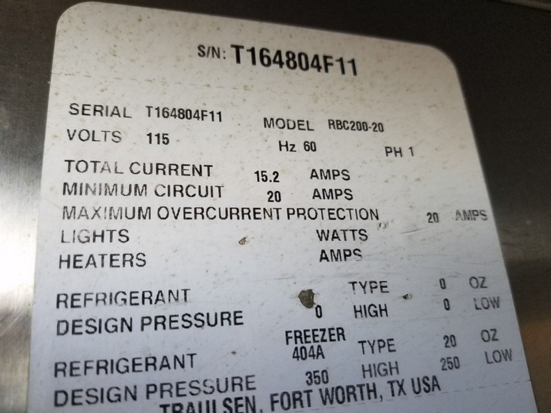 Traulsen S/S Single Rack Blast Chiller, M/N RBC200-28, S/N T164804F11, Refrigerant 404A, Design Pres - Image 5 of 5